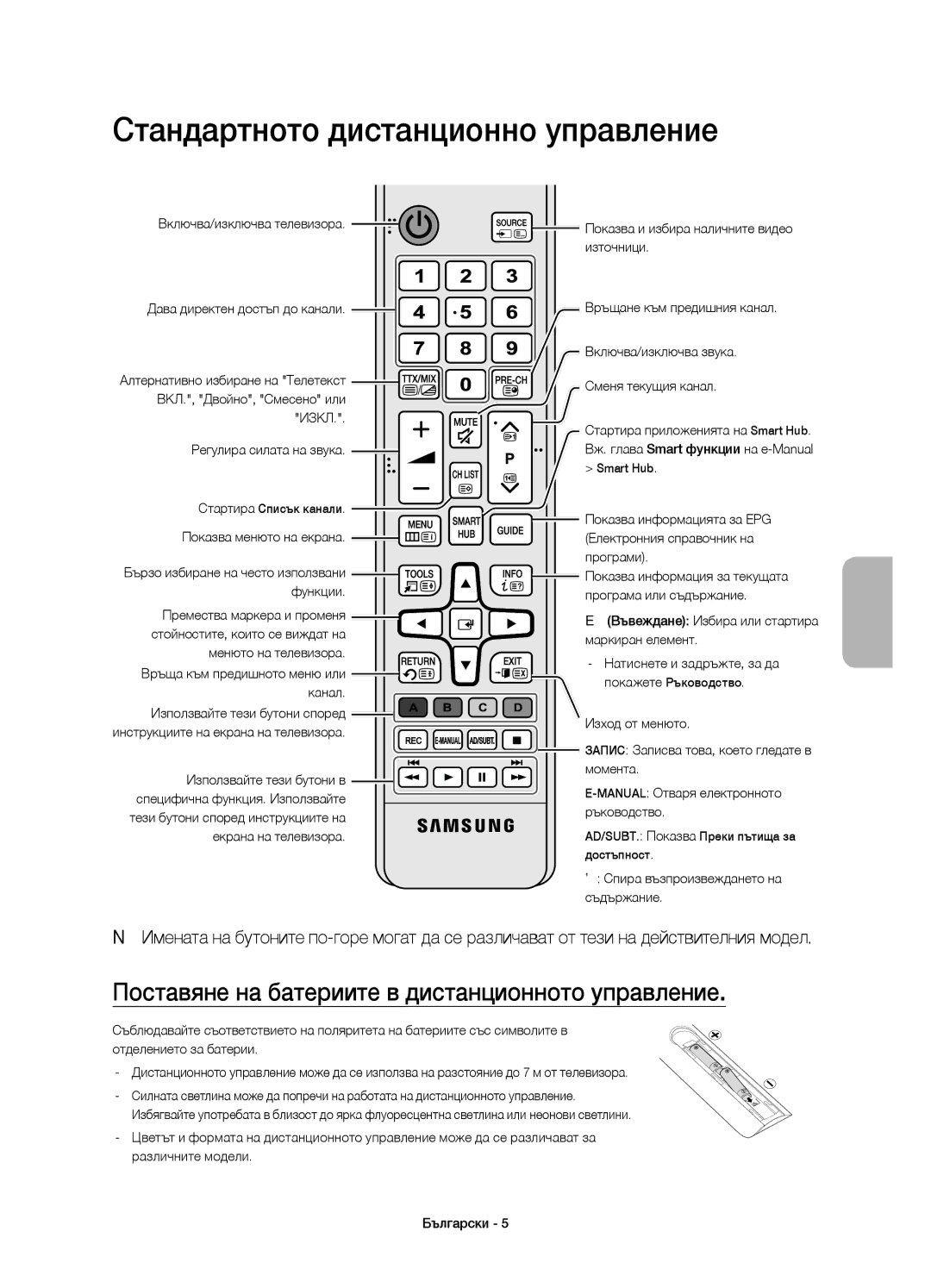 Samsung UE55JS8000LXXN manual Стандартното дистанционно управление, Поставяне на батериите в дистанционното управление 