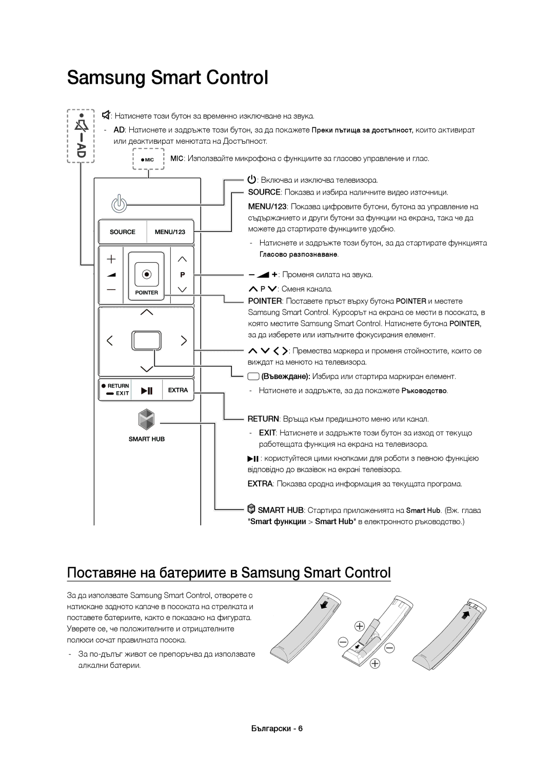 Samsung UE55JS8002TXXH manual Поставяне на батериите в Samsung Smart Control, Променя силата на звука. P Сменя канала 