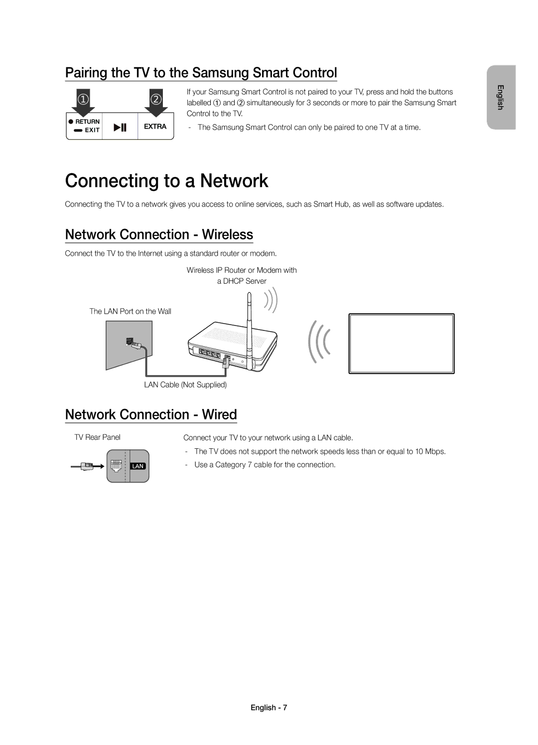 Samsung UE55JS8000LXXN Connecting to a Network, Pairing the TV to the Samsung Smart Control, Network Connection Wireless 