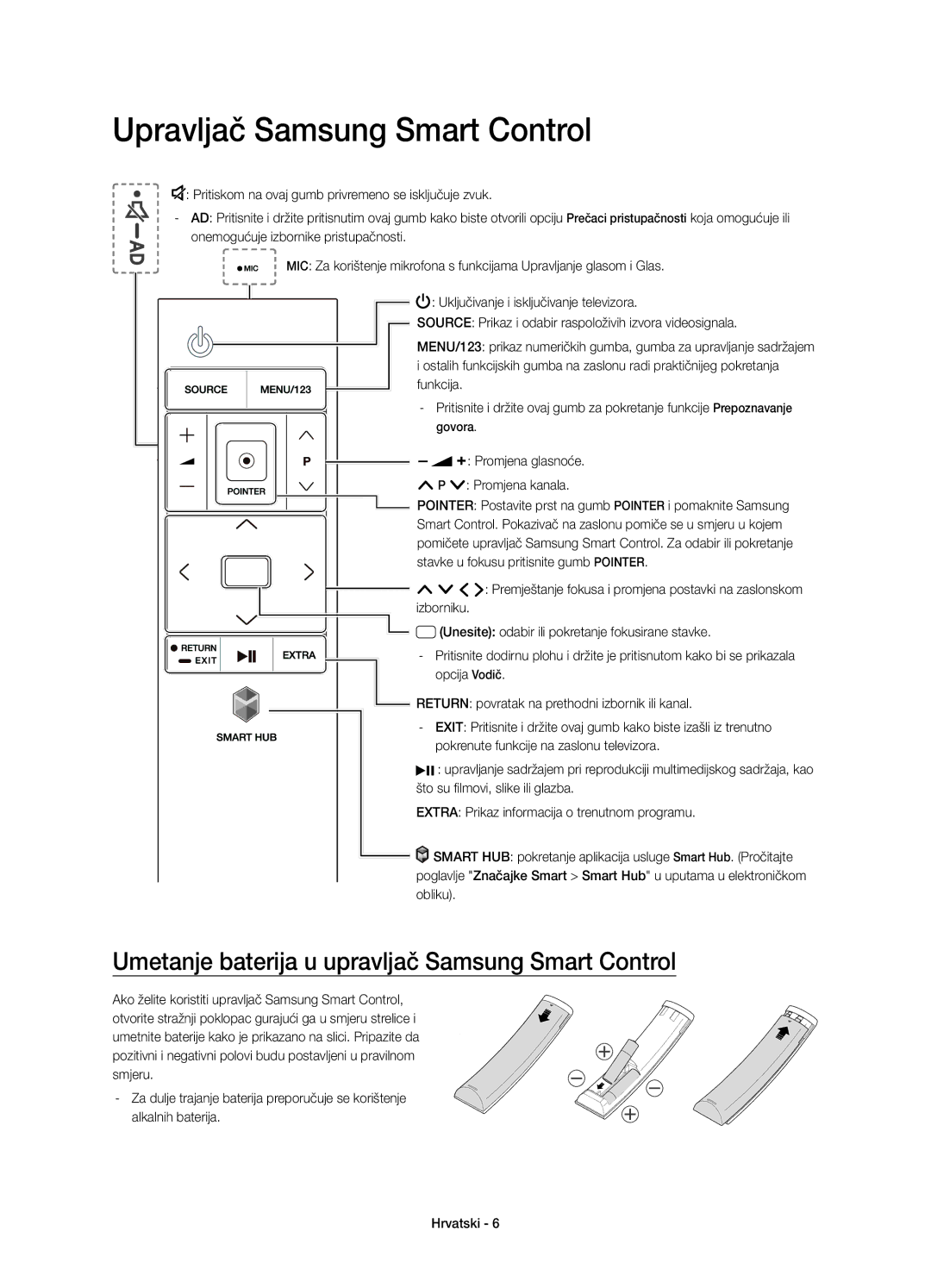 Samsung UE55JS8000LXXN manual Upravljač Samsung Smart Control, Umetanje baterija u upravljač Samsung Smart Control 