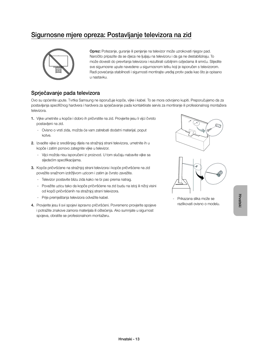 Samsung UE55JS8002TXXH manual Sigurnosne mjere opreza Postavljanje televizora na zid, Sprječavanje pada televizora 