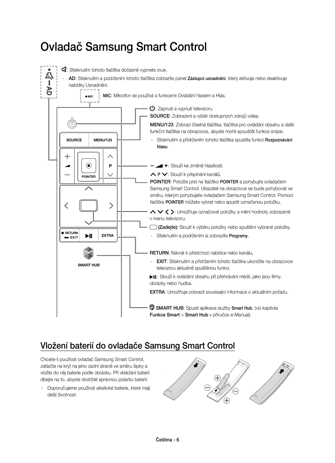 Samsung UE55JS8000LXXH, UE55JS8000LXXN Ovladač Samsung Smart Control, Vložení baterií do ovladače Samsung Smart Control 