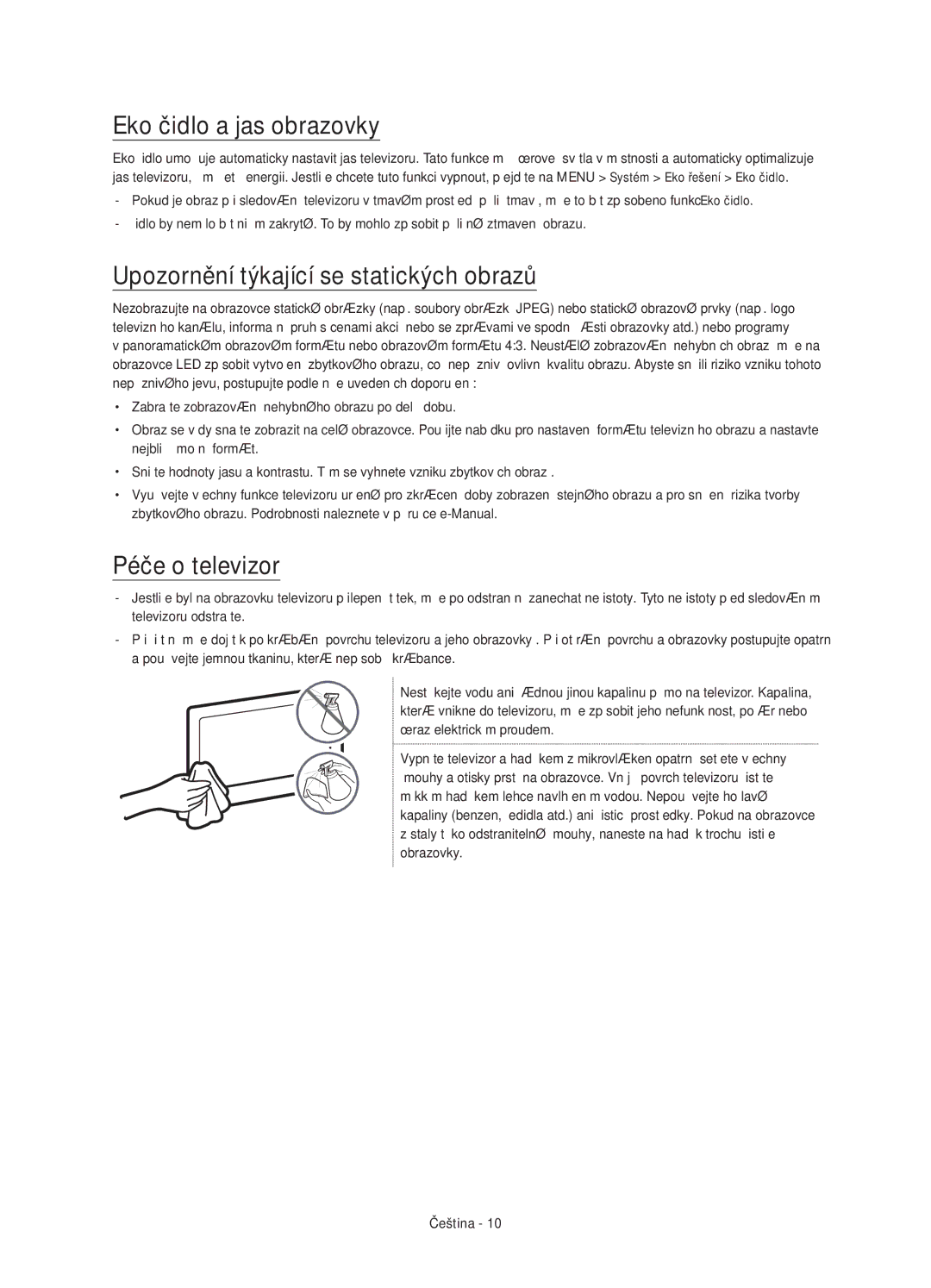 Samsung UE55JS8000LXXN manual Eko čidlo a jas obrazovky, Upozornění týkající se statických obrazů, Péče o televizor 