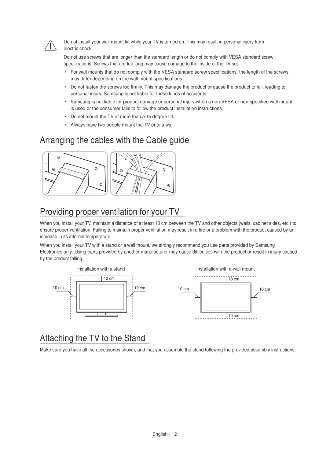 Samsung UE55JS8000TXXC manual Attaching the TV to the Stand, Installation with a wall mount 