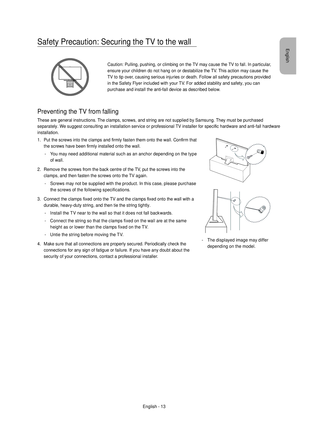 Samsung UE55JS8000TXXC manual Safety Precaution Securing the TV to the wall, Preventing the TV from falling 