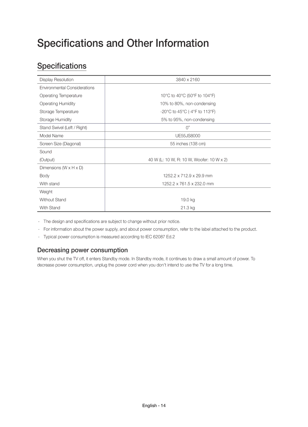 Samsung UE55JS8000TXXC manual Specifications and Other Information, Decreasing power consumption 