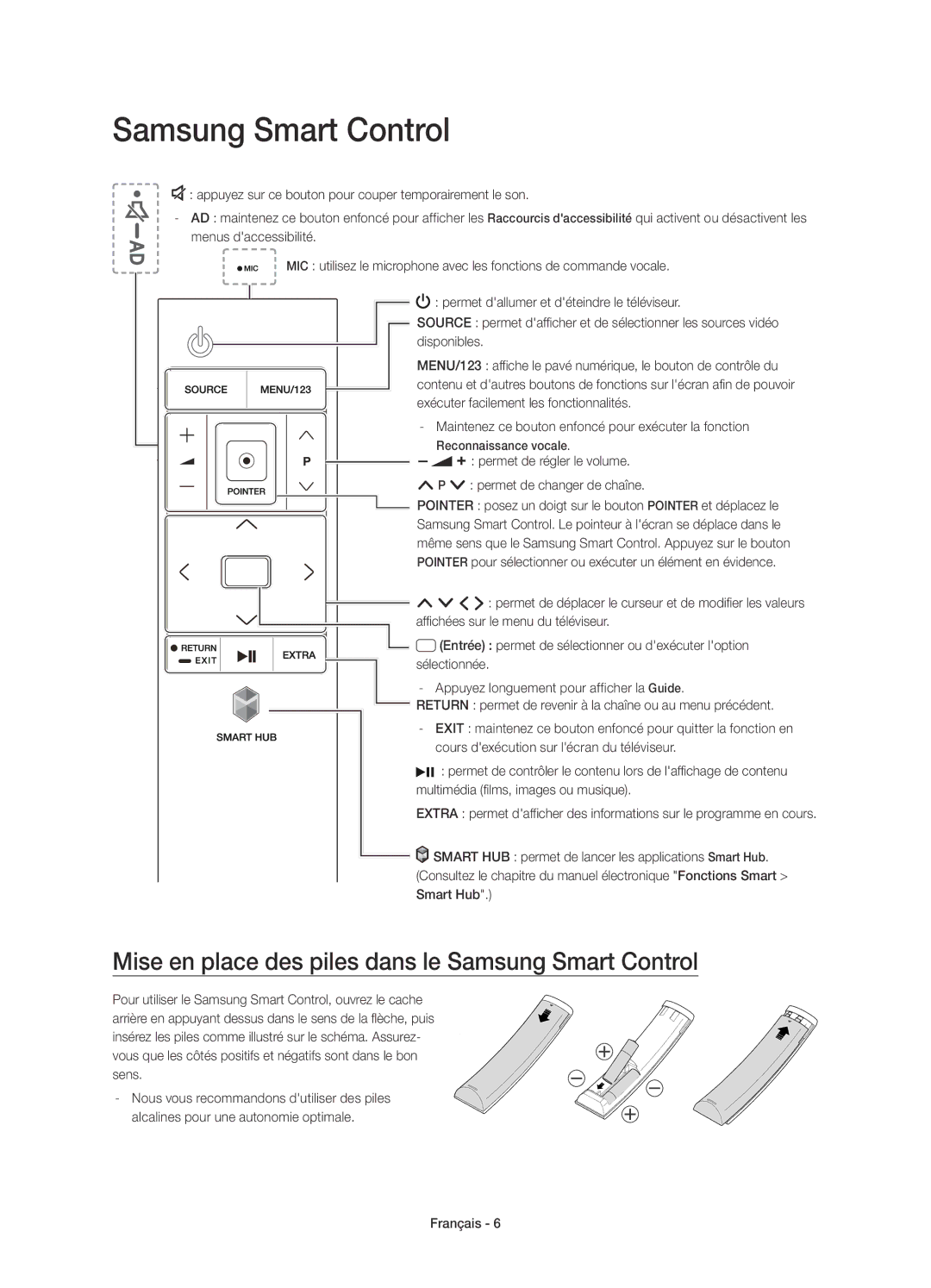 Samsung UE55JS8000TXXC manual Mise en place des piles dans le Samsung Smart Control 