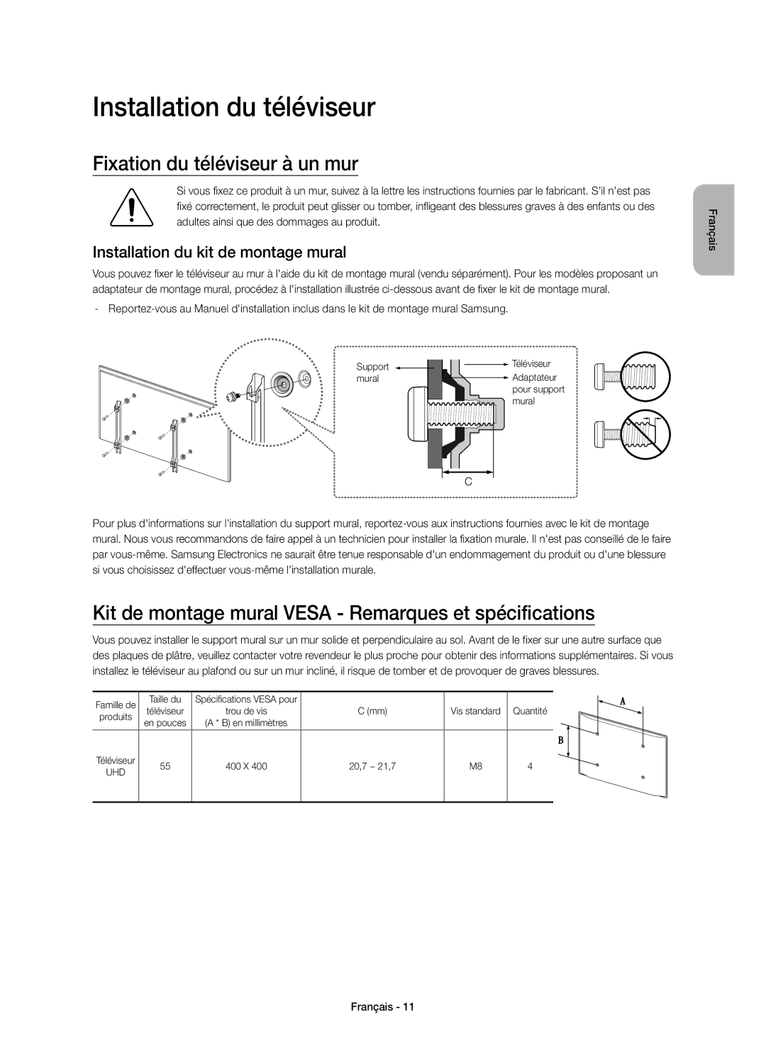 Samsung UE55JS8000TXXC Installation du téléviseur, Fixation du téléviseur à un mur, Installation du kit de montage mural 