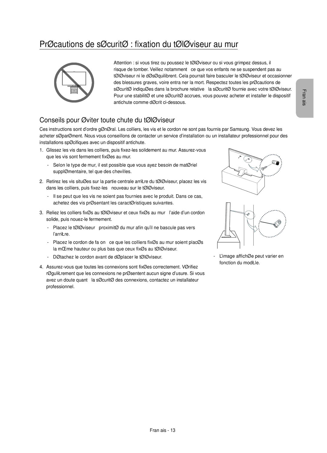 Samsung UE55JS8000TXXC manual Précautions de sécurité fixation du téléviseur au mur 