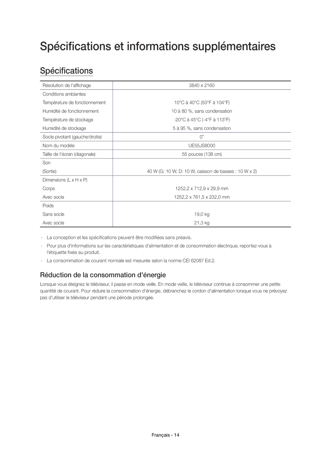 Samsung UE55JS8000TXXC manual Spécifications et informations supplémentaires, Réduction de la consommation dénergie 