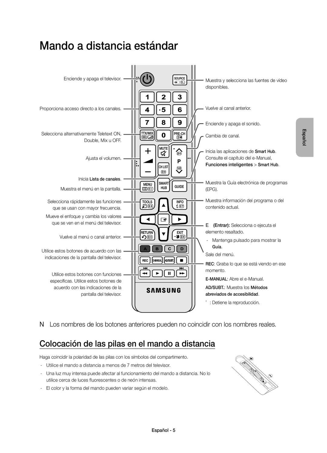 Samsung UE55JS8000TXXC manual Mando a distancia estándar, Colocación de las pilas en el mando a distancia 