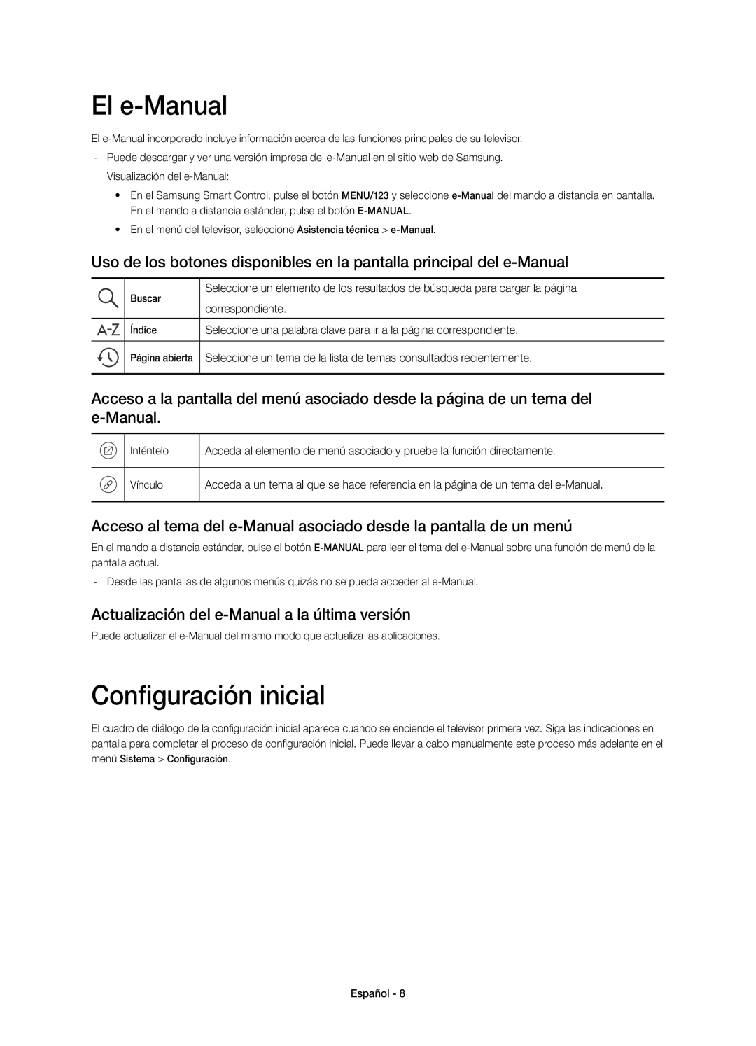 Samsung UE55JS8000TXXC El e-Manual, Configuración inicial, Actualización del e-Manual a la última versión, Correspondiente 