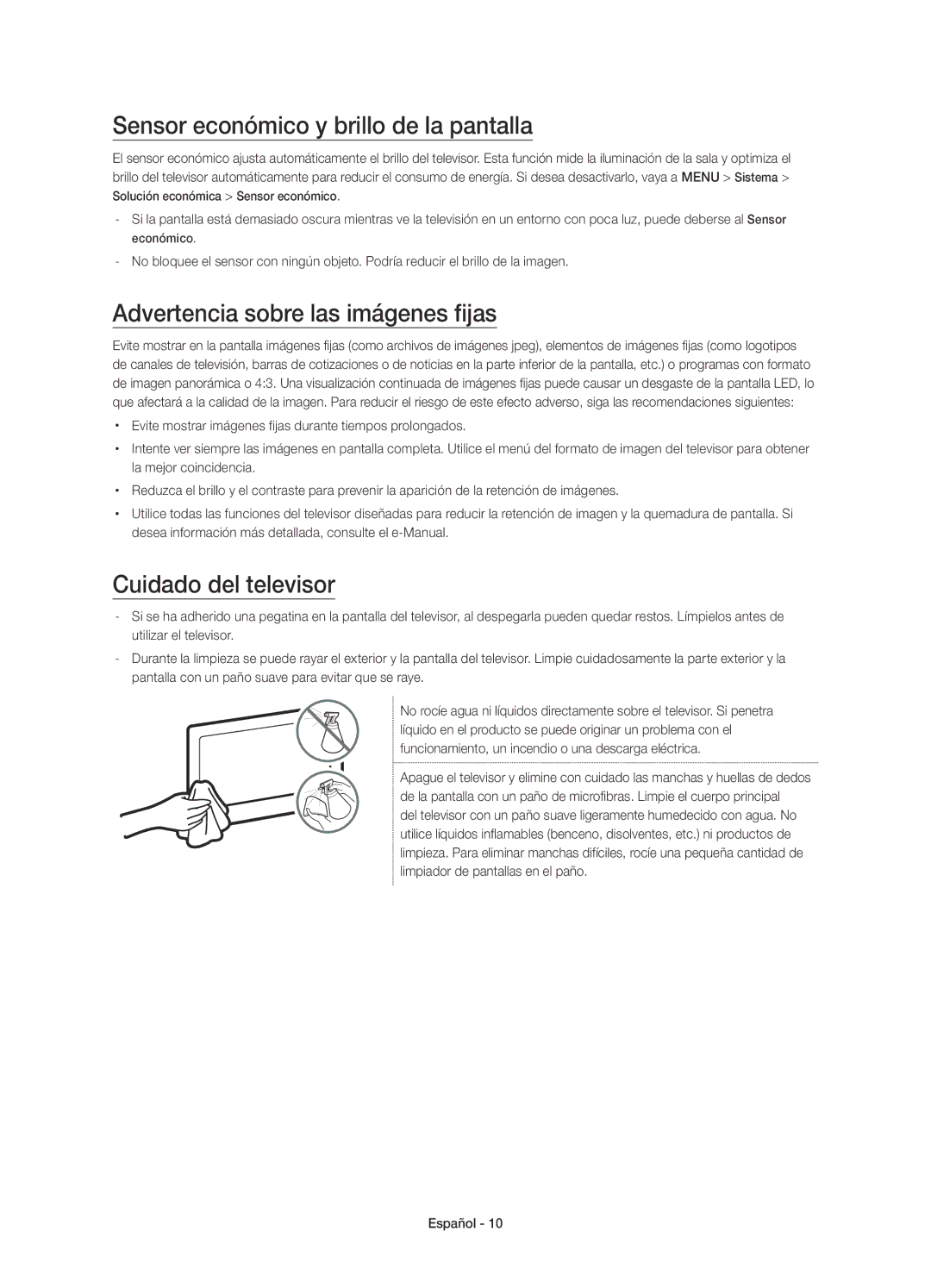 Samsung UE55JS8000TXXC manual Sensor económico y brillo de la pantalla, Advertencia sobre las imágenes fijas 