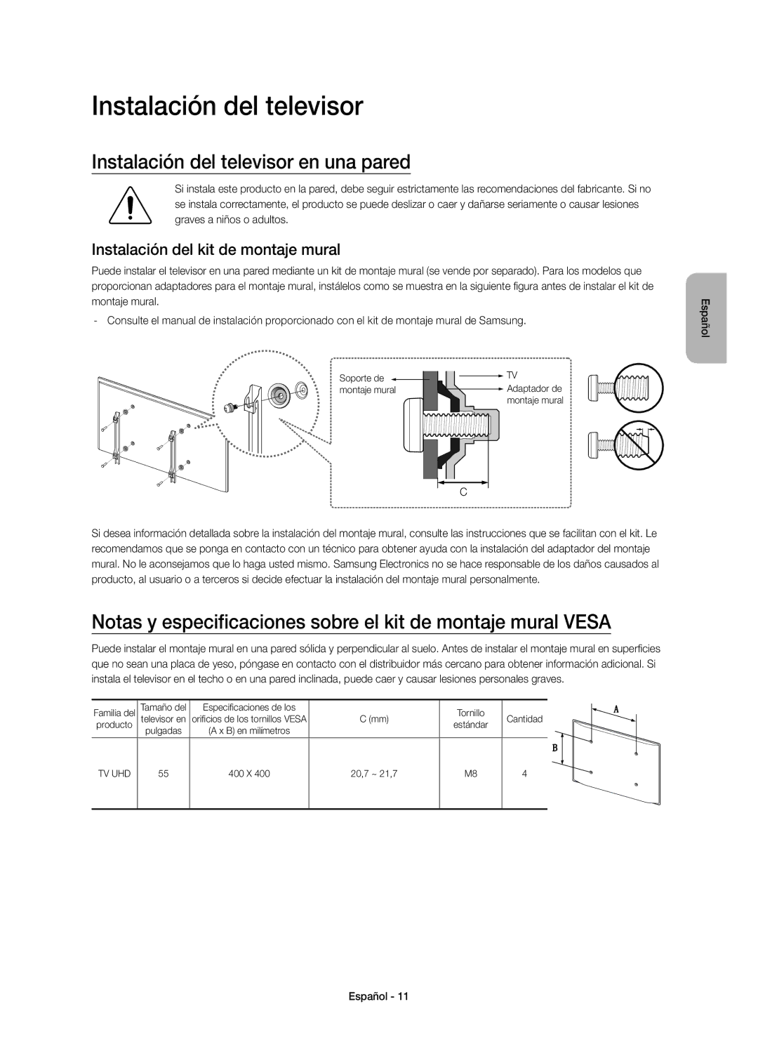 Samsung UE55JS8000TXXC manual Instalación del televisor en una pared, Instalación del kit de montaje mural 