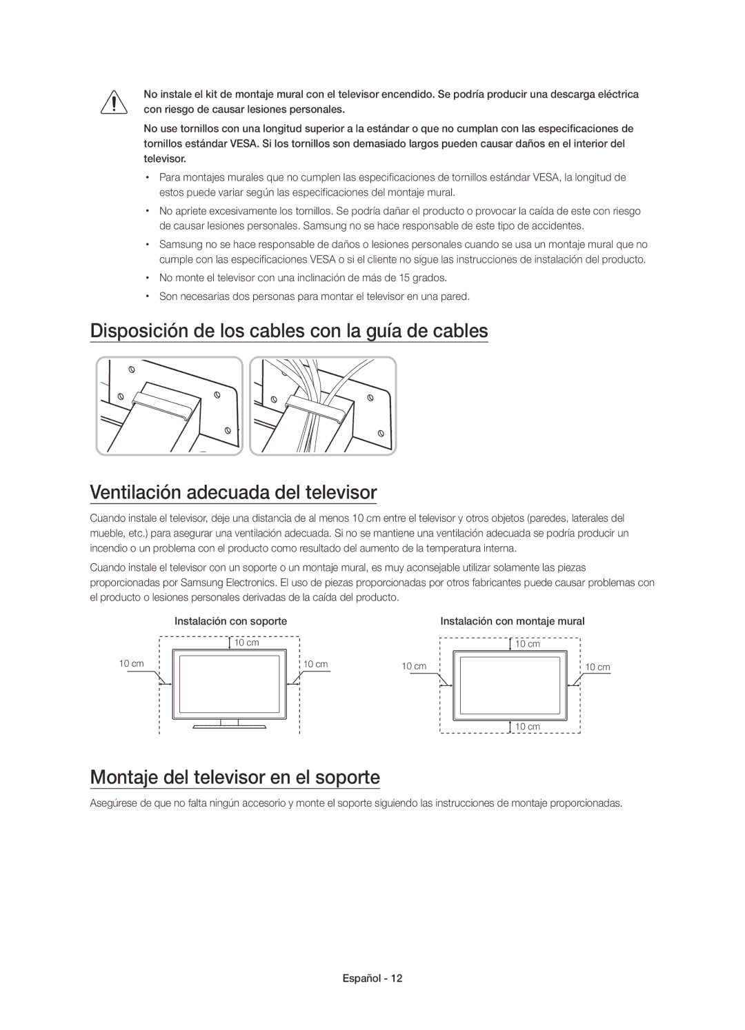 Samsung UE55JS8000TXXC manual Montaje del televisor en el soporte, Instalación con montaje mural 