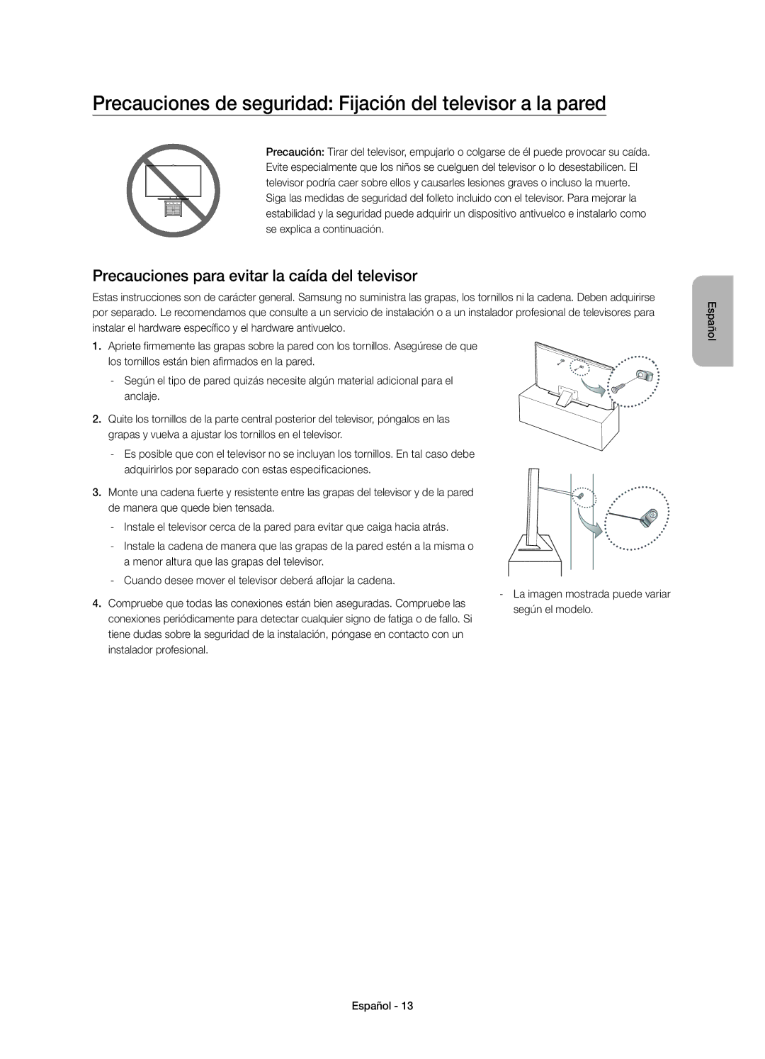 Samsung UE55JS8000TXXC manual Precauciones de seguridad Fijación del televisor a la pared, Según el modelo 