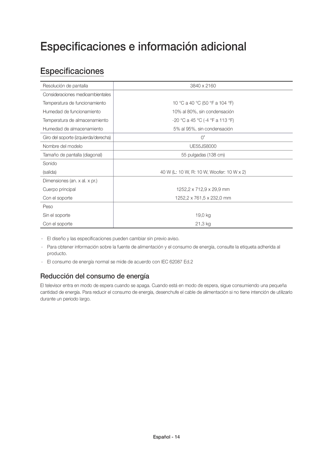 Samsung UE55JS8000TXXC manual Especificaciones e información adicional, Reducción del consumo de energía 