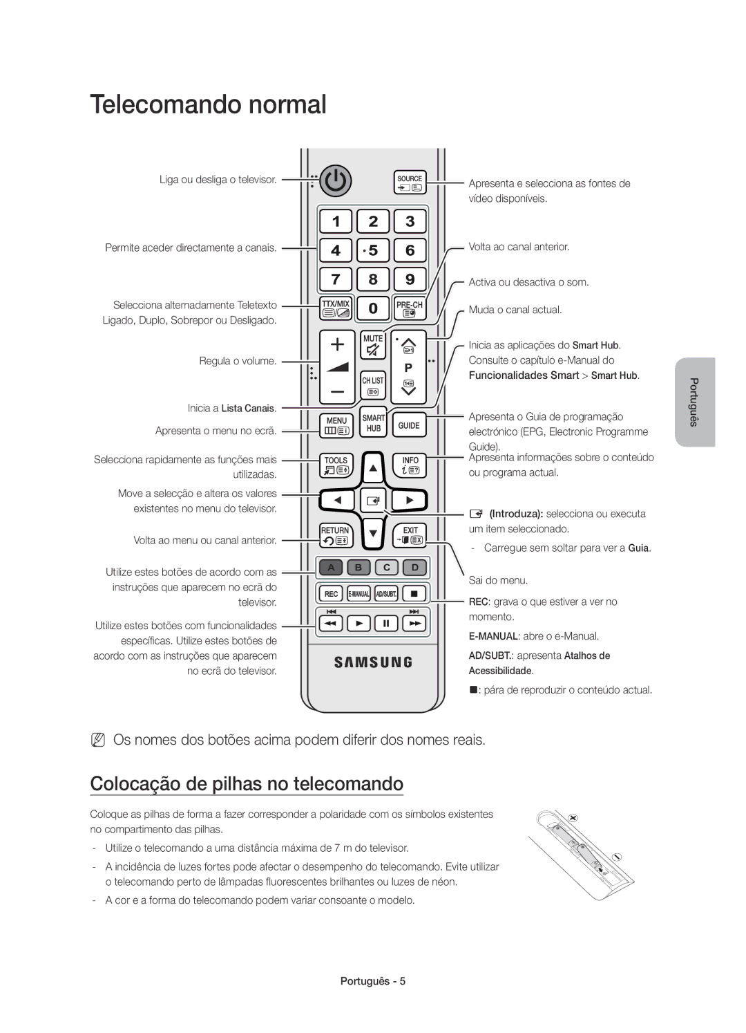 Samsung UE55JS8000TXXC manual Telecomando normal, Colocação de pilhas no telecomando 