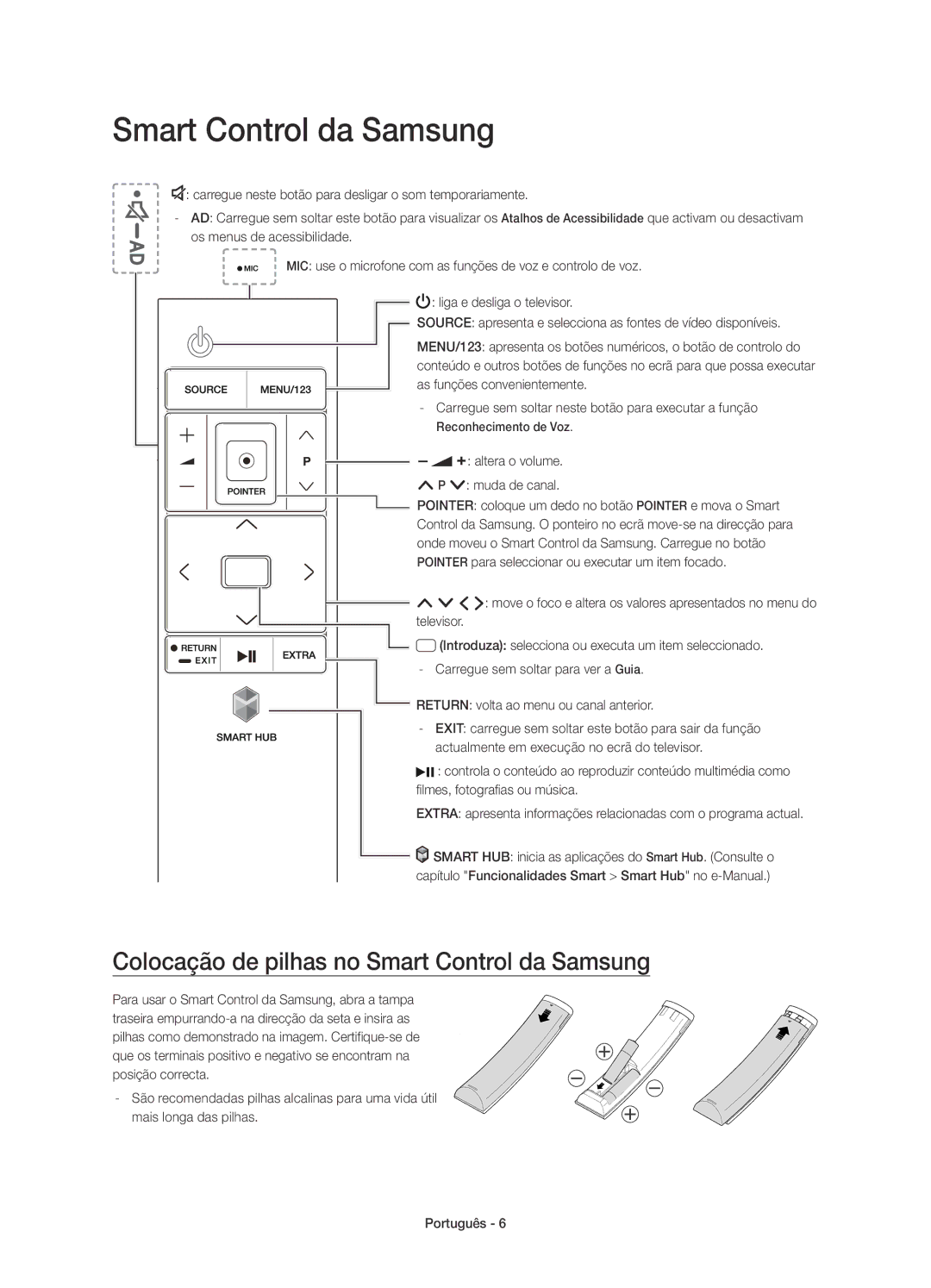 Samsung UE55JS8000TXXC manual Colocação de pilhas no Smart Control da Samsung, Altera o volume Muda de canal 