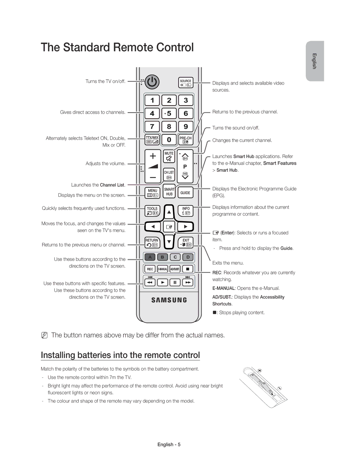 Samsung UE55JS8000TXXC manual Standard Remote Control, Installing batteries into the remote control 