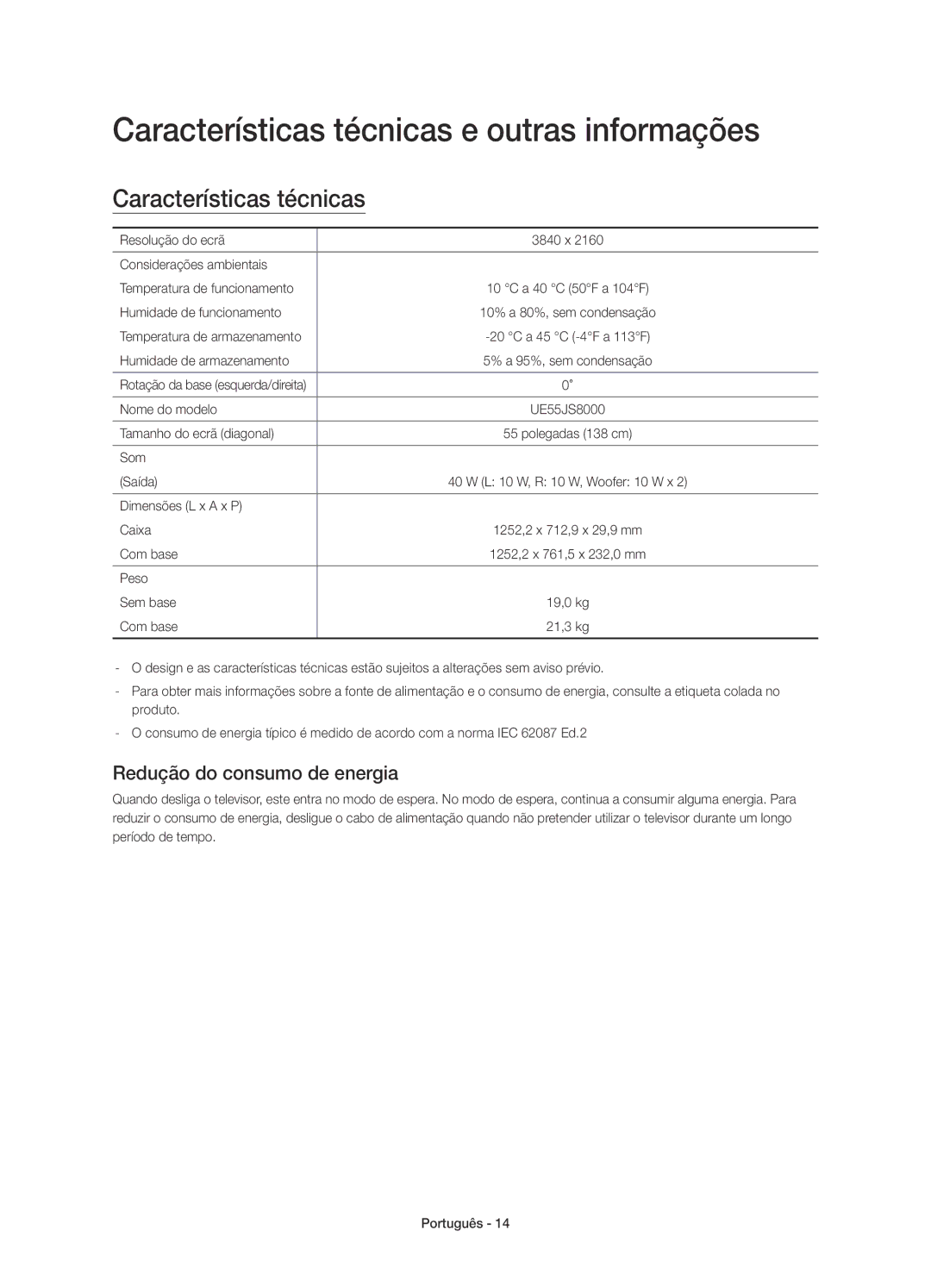 Samsung UE55JS8000TXXC manual Características técnicas e outras informações, Redução do consumo de energia 