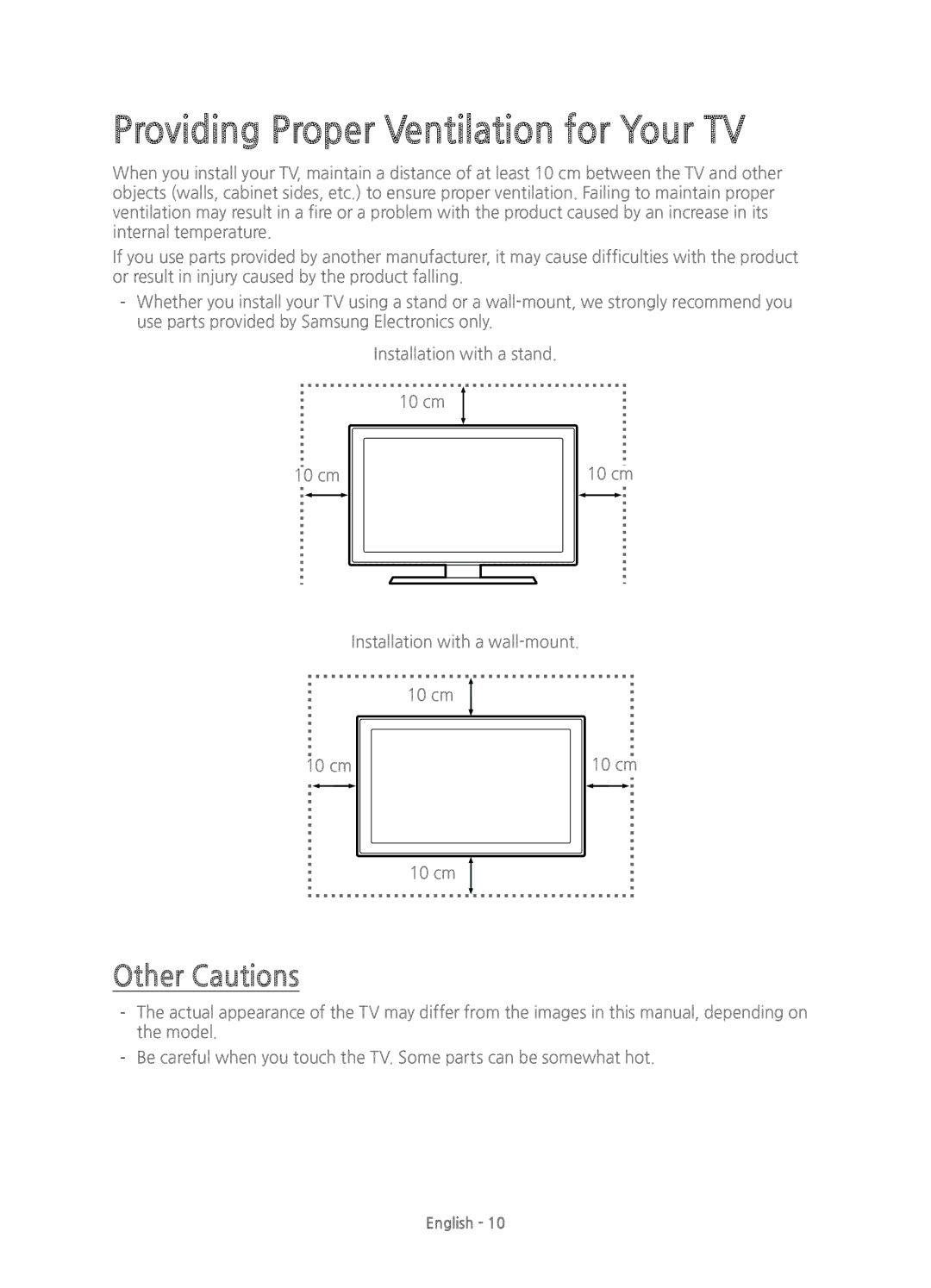 Samsung UE55JS8000TXZF, UE55JS8000TXZT, UE55JS8000TXXC manual Providing Proper Ventilation for Your TV, Other Cautions 