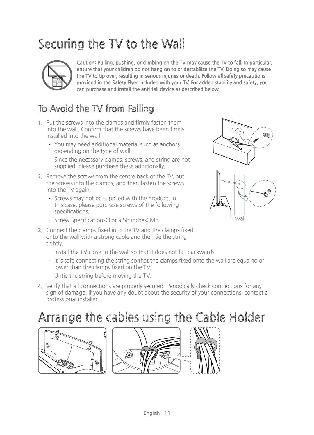 Samsung UE55JS8000TXZT, UE55JS8000TXZF manual Securing the TV to the Wall, Arrange the cables using the Cable Holder 