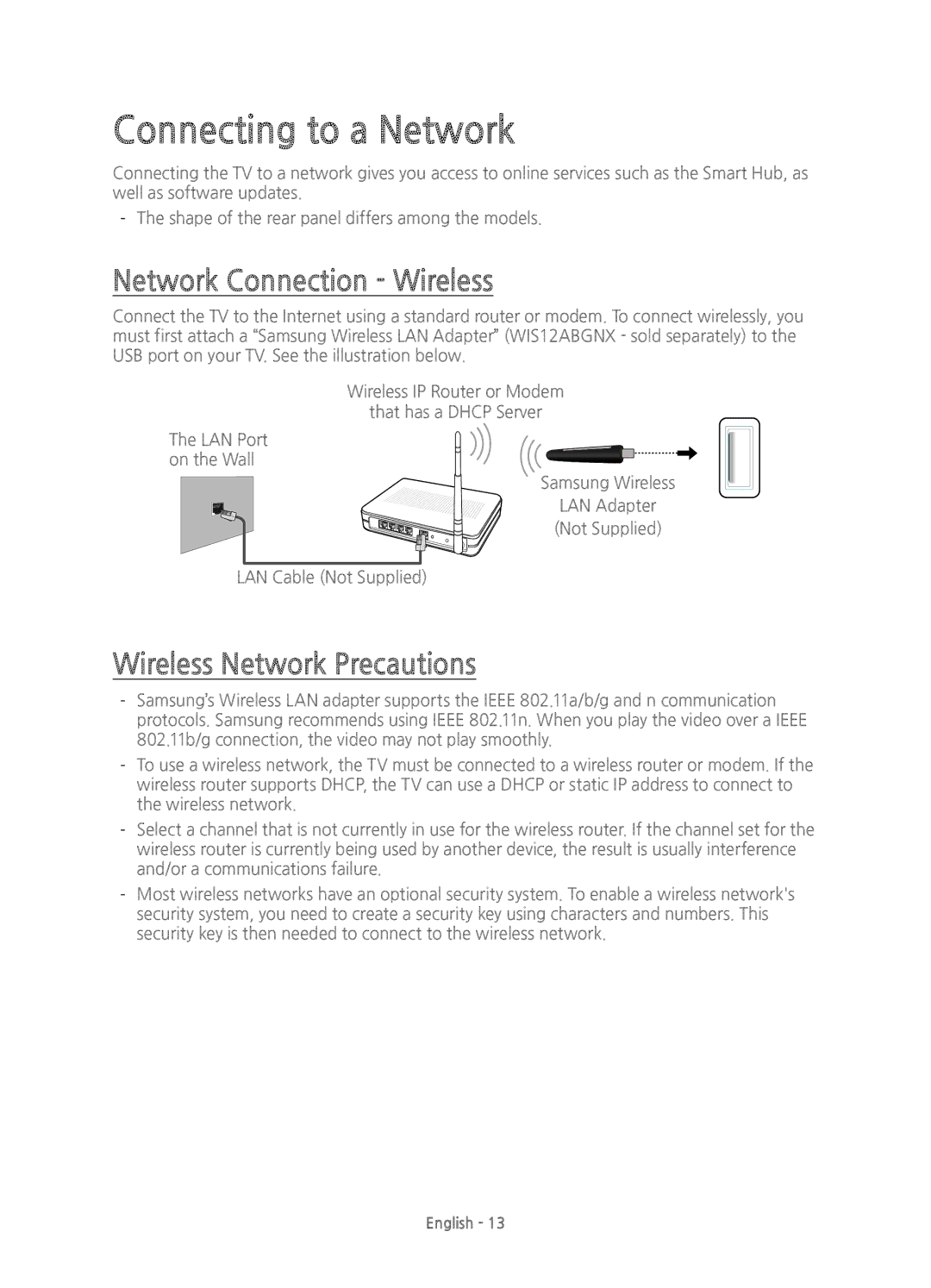 Samsung UE55JS8000TXXU, UE55JS8000TXZF Connecting to a Network, Network Connection Wireless, Wireless Network Precautions 