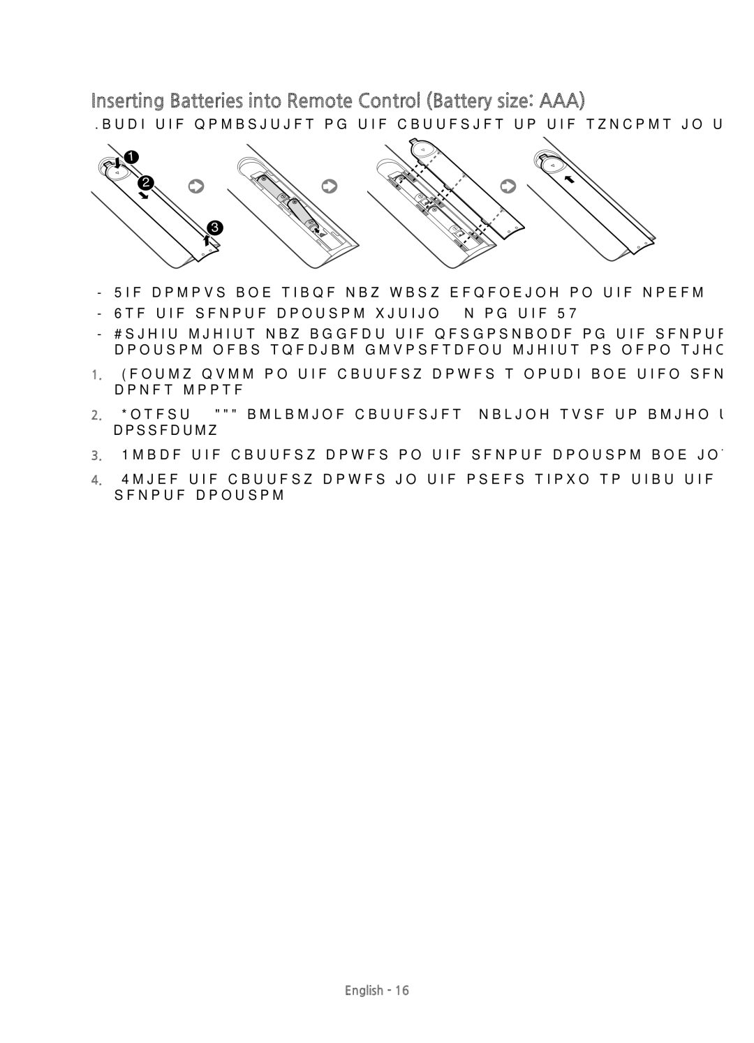 Samsung UE55JS8000TXZT, UE55JS8000TXZF, UE55JS8000TXXC manual Inserting Batteries into Remote Control Battery size AAA 