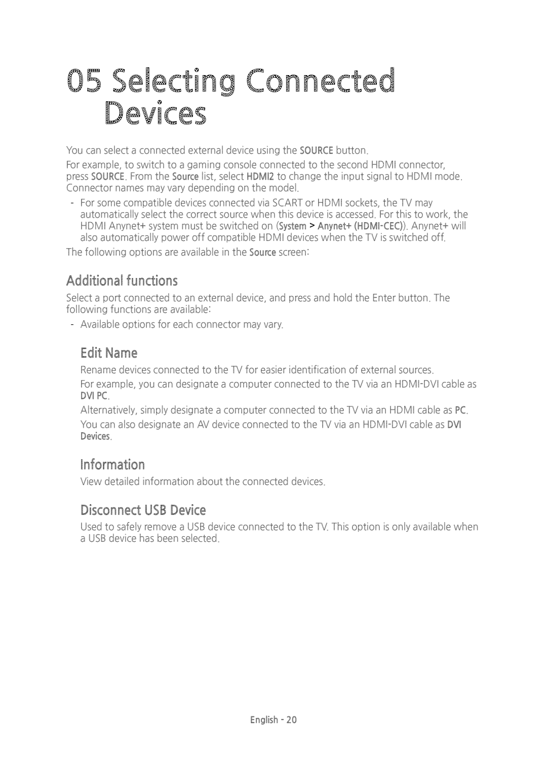 Samsung UE55JS8000TXZF, UE55JS8000TXZT, UE55JS8000TXXC, UE55JS8000TXXU Selecting Connected Devices, Additional functions 