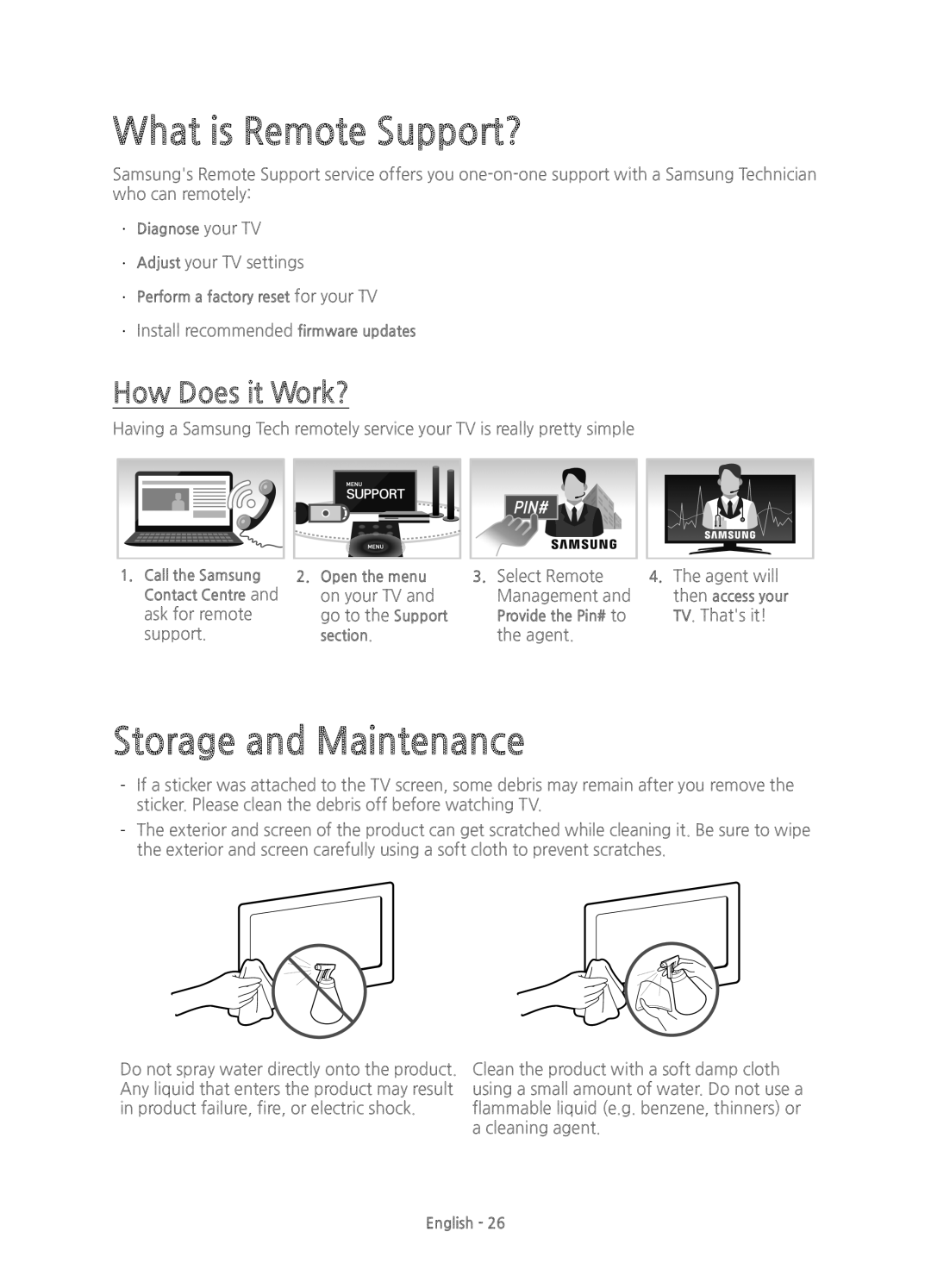 Samsung UE55JS8000TXZT, UE55JS8000TXZF, UE55JS8000TXXC What is Remote Support?, Storage and Maintenance, How Does it Work? 