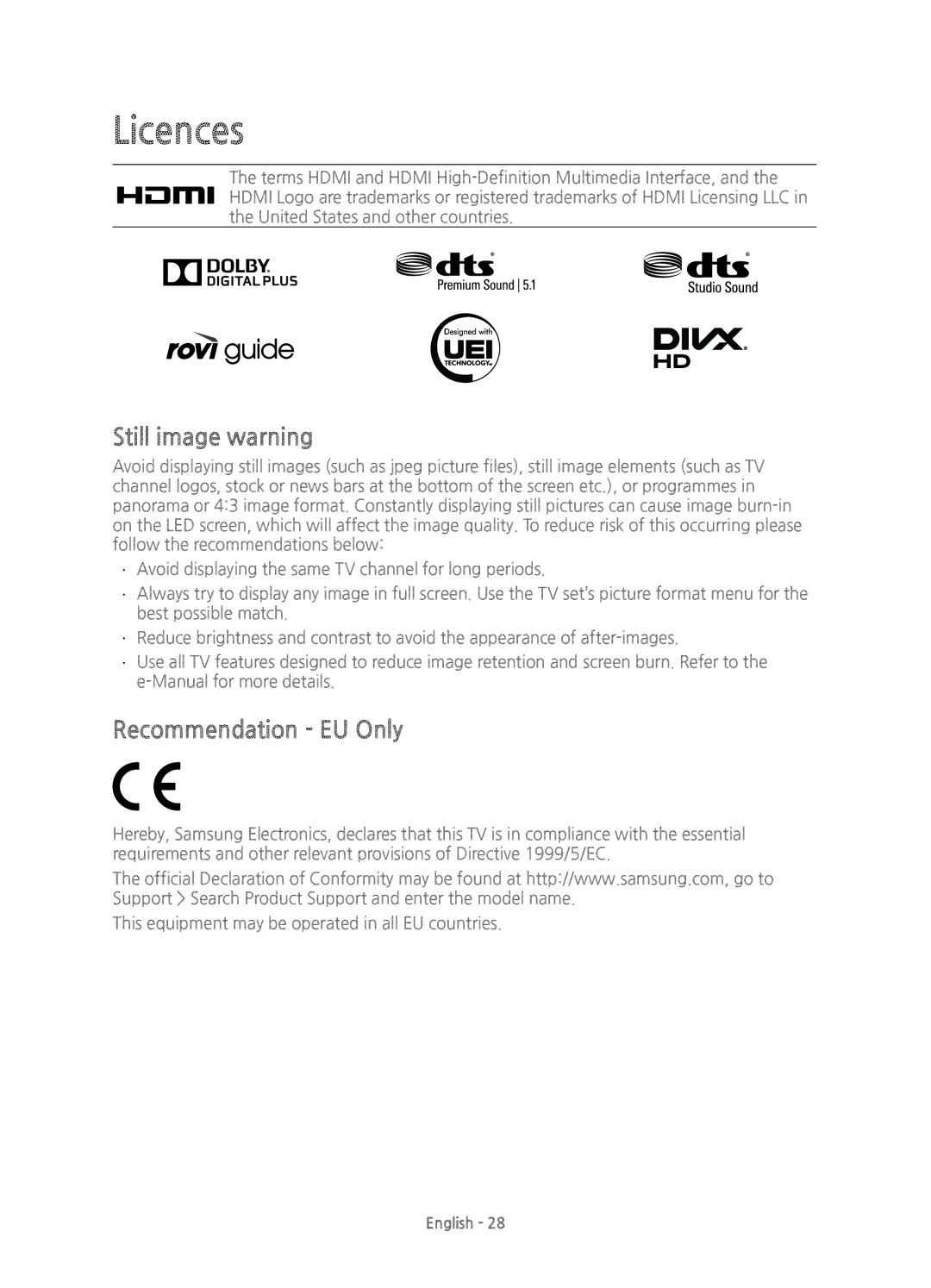 Samsung UE55JS8000TXXU, UE55JS8000TXZF, UE55JS8000TXZT, UE55JS8000TXXC Licences, Still image warning, Recommendation EU Only 