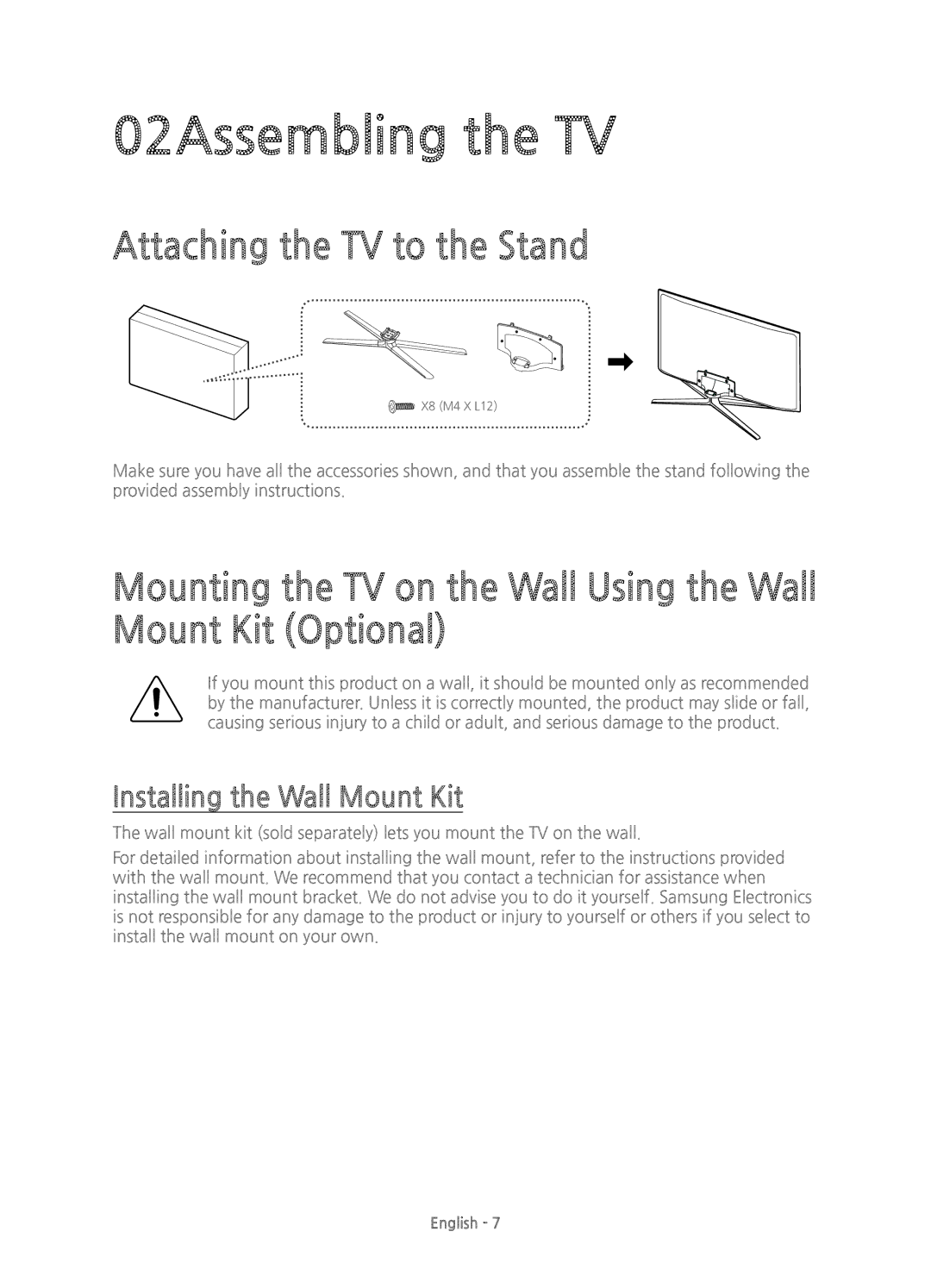 Samsung UE55JS8000TXXC, UE55JS8000TXZF 02Assembling the TV, Attaching the TV to the Stand, Installing the Wall Mount Kit 