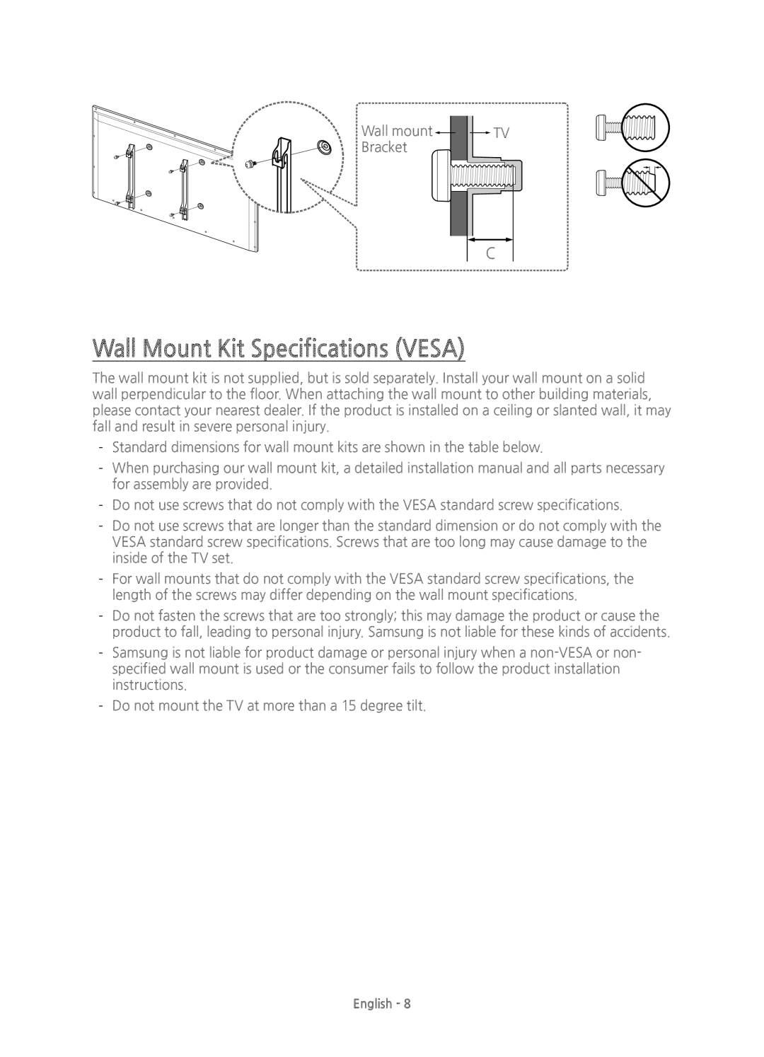 Samsung UE55JS8000TXXU, UE55JS8000TXZF, UE55JS8000TXZT, UE55JS8000TXXC, UE58J5200AKXXU Wall Mount Kit Specifications Vesa 