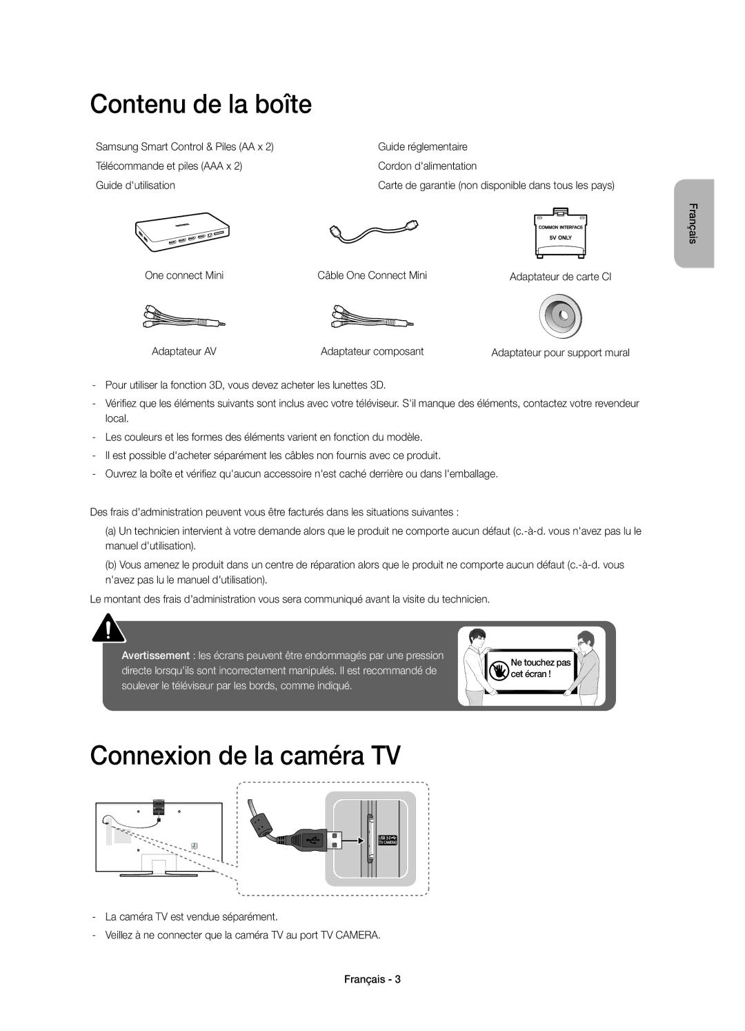 Samsung UE55JS8000TXZF manual Contenu de la boîte, Connexion de la caméra TV, One connect Mini Câble One Connect Mini 