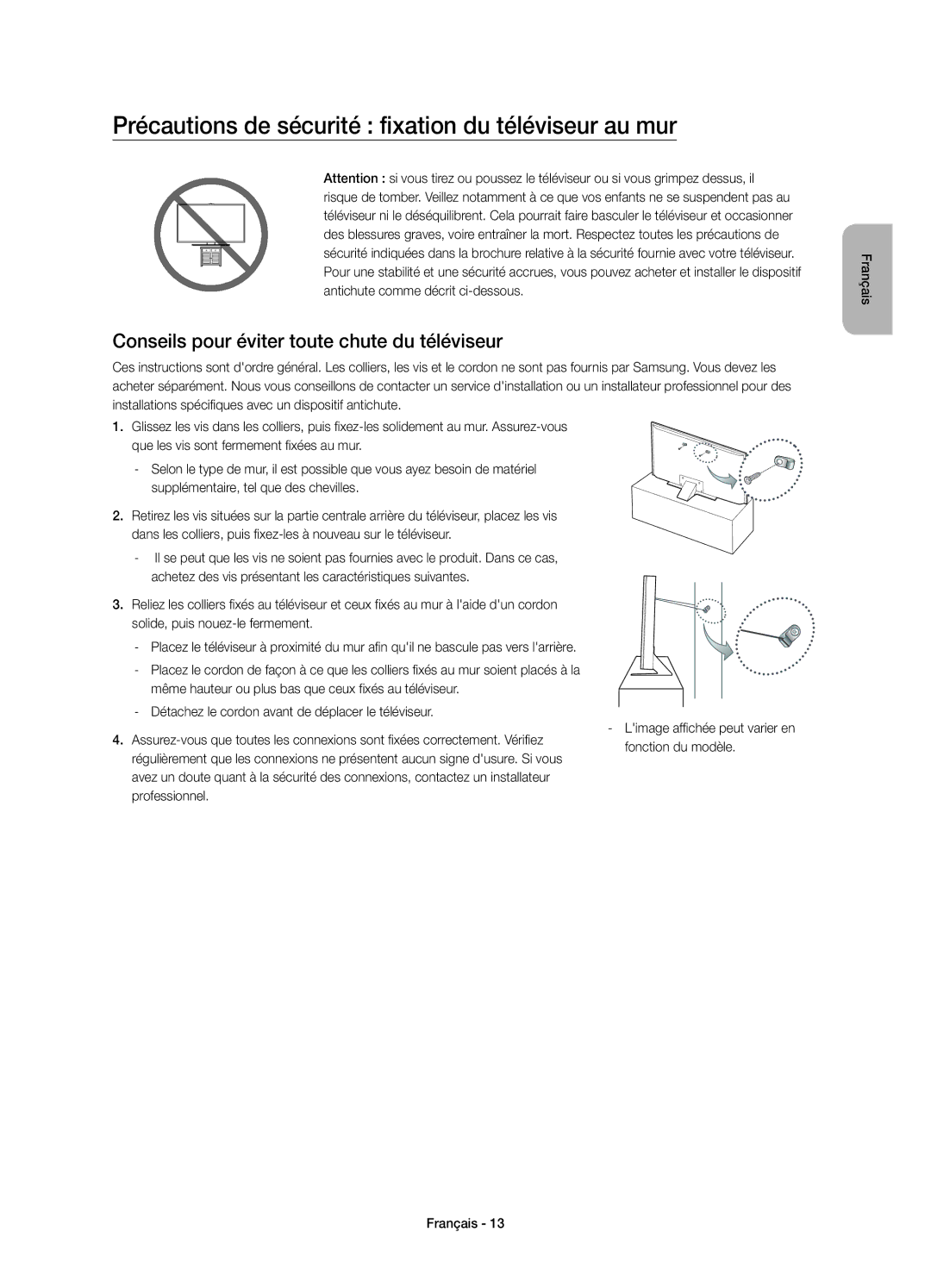 Samsung UE55JS8000TXZF manual Précautions de sécurité fixation du téléviseur au mur, Fonction du modèle 