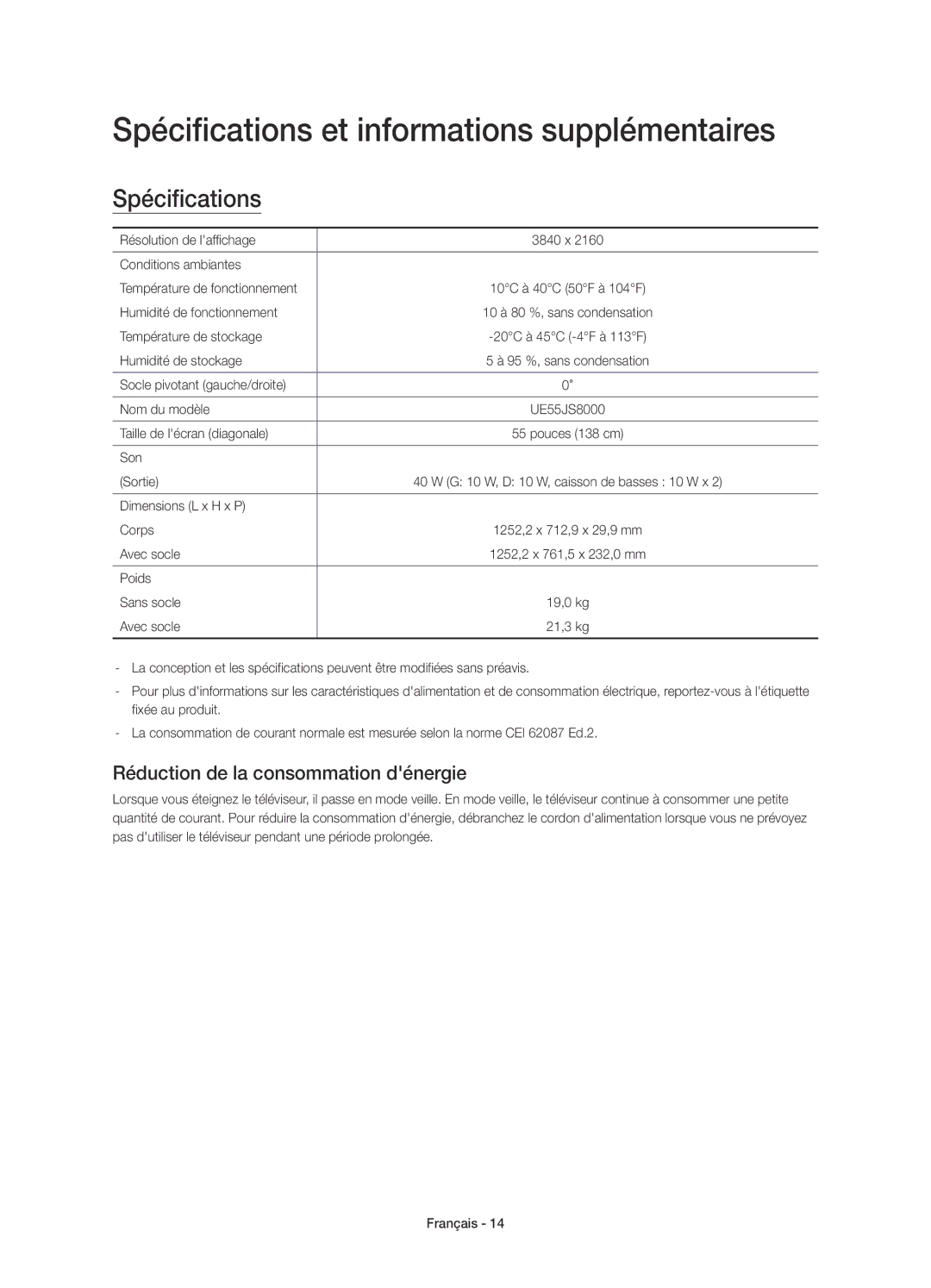 Samsung UE55JS8000TXZF manual Spécifications et informations supplémentaires, Réduction de la consommation dénergie 