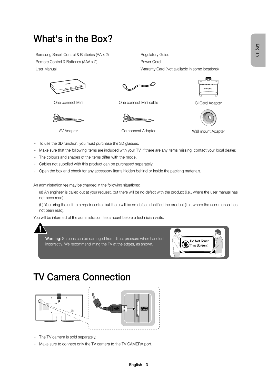 Samsung UE55JS8000TXZF manual Whats in the Box?, TV Camera Connection, One connect Mini One connect Mini cable 