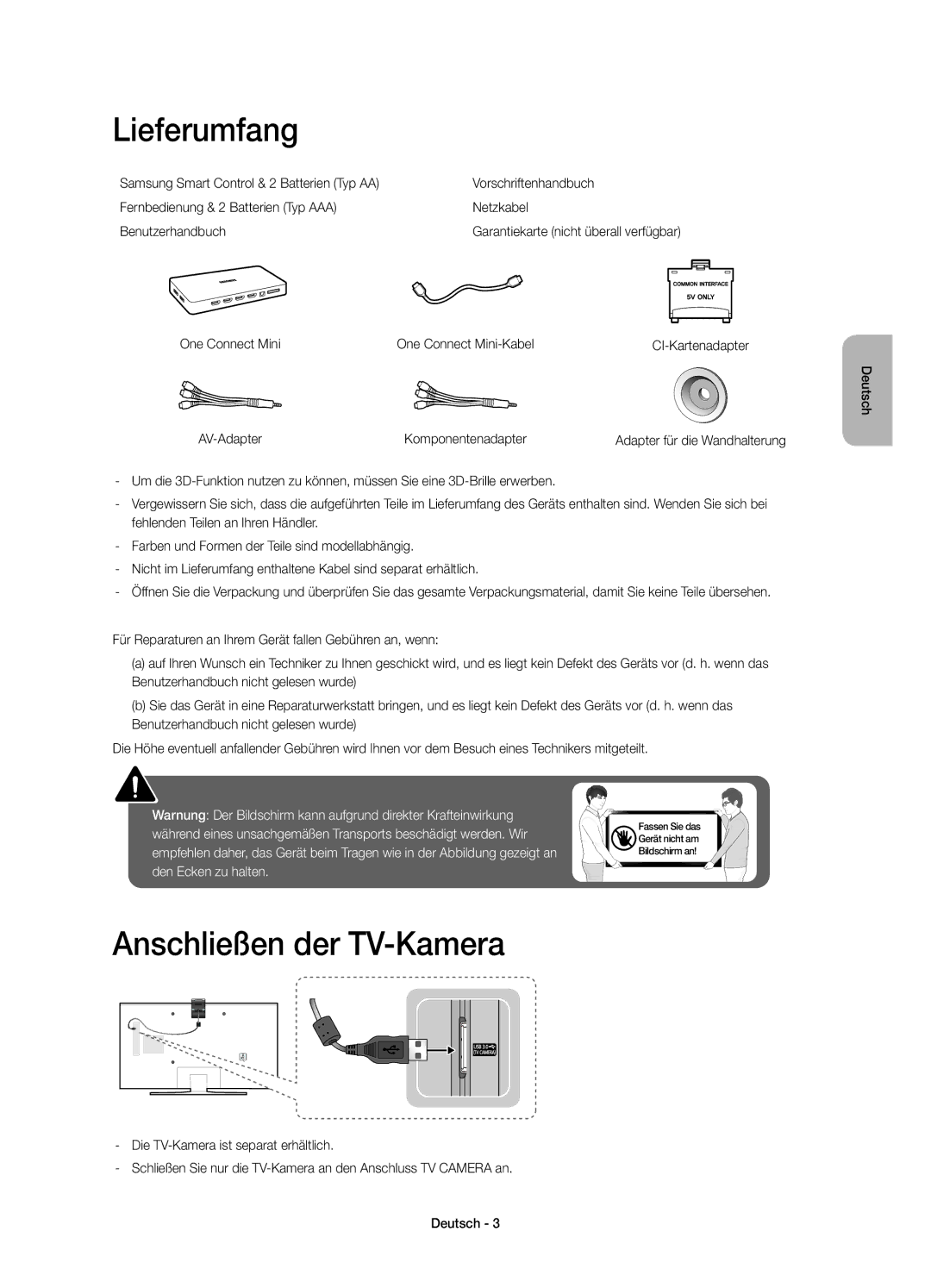 Samsung UE55JS8000TXZF manual Lieferumfang, Anschließen der TV-Kamera, One Connect Mini One Connect Mini-Kabel 