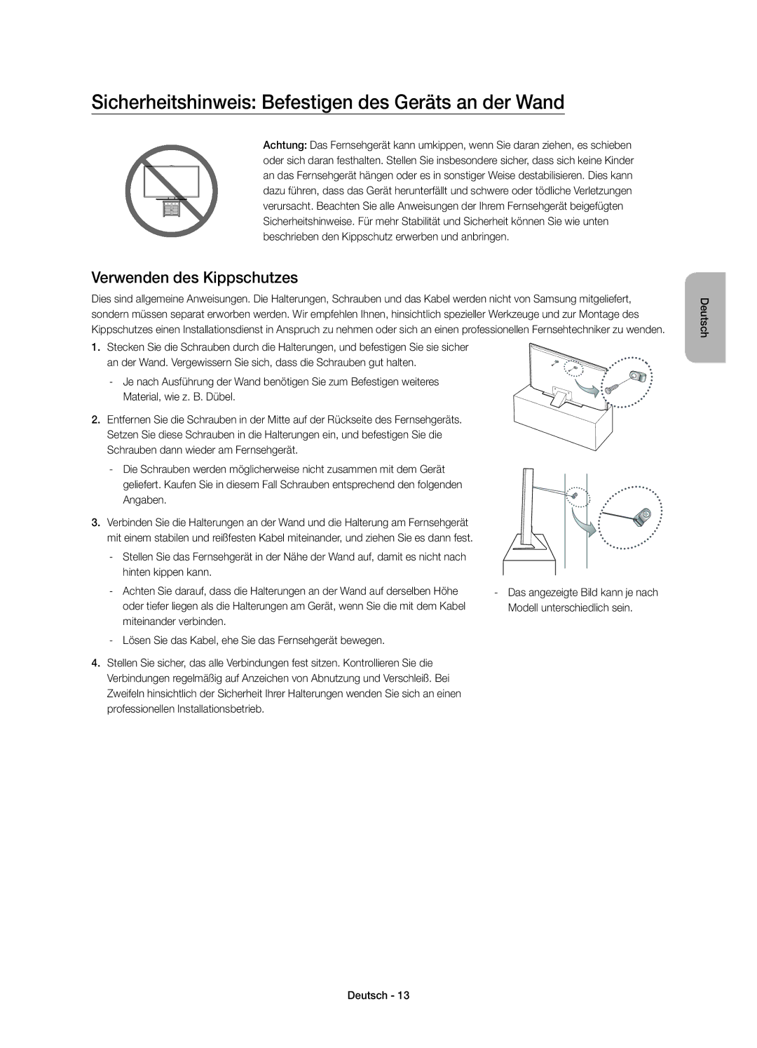 Samsung UE55JS8000TXZF manual Sicherheitshinweis Befestigen des Geräts an der Wand, Verwenden des Kippschutzes, Angaben 