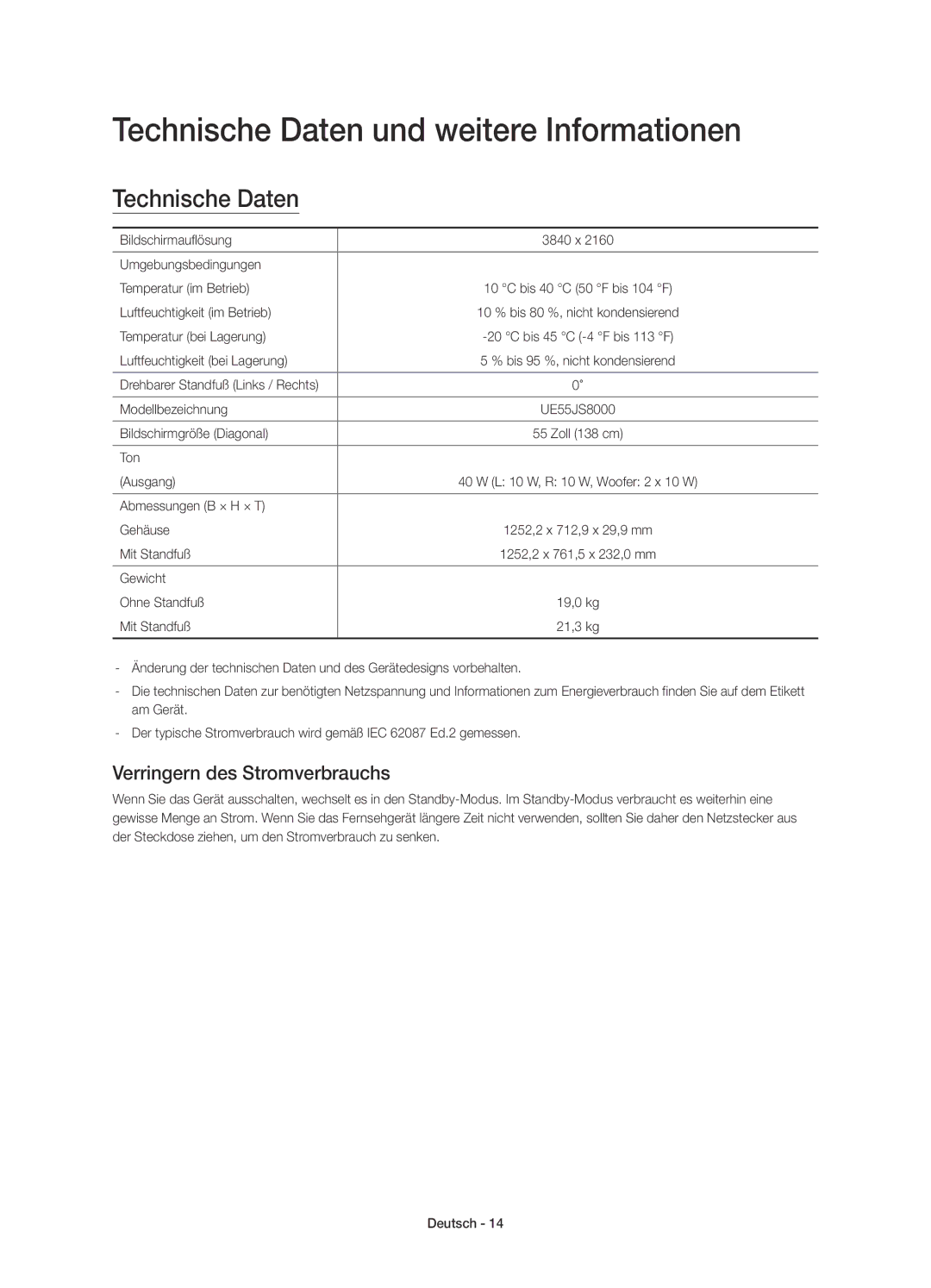 Samsung UE55JS8000TXZF manual Technische Daten und weitere Informationen, Verringern des Stromverbrauchs 