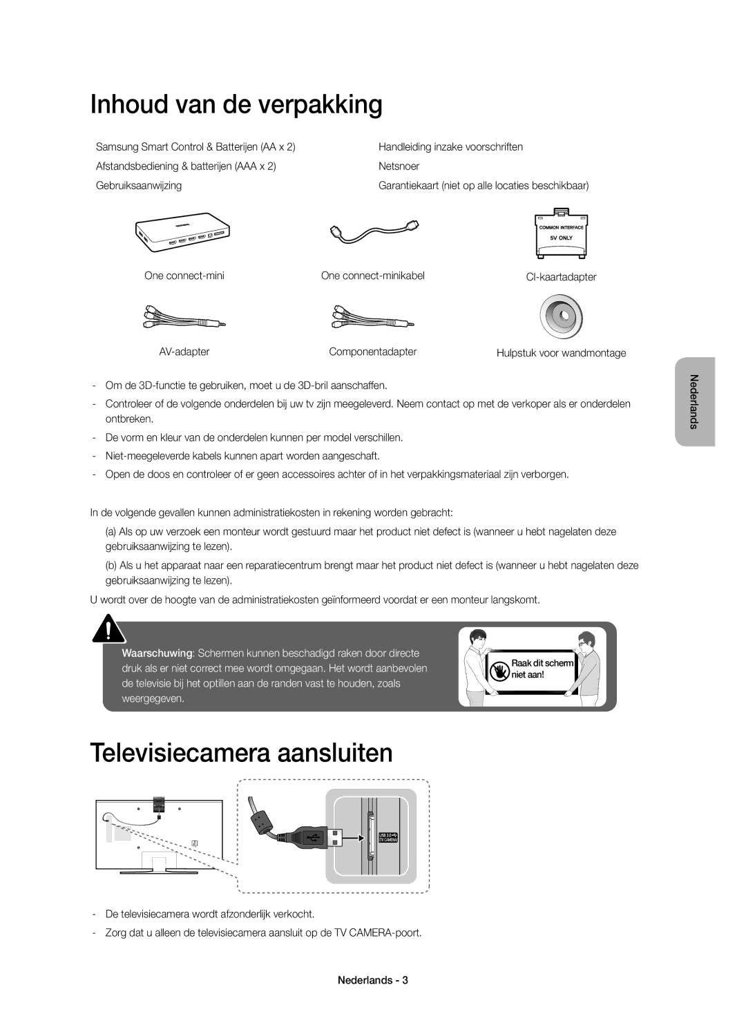 Samsung UE55JS8000TXZF manual Inhoud van de verpakking, Televisiecamera aansluiten, One connect-mini One connect-minikabel 