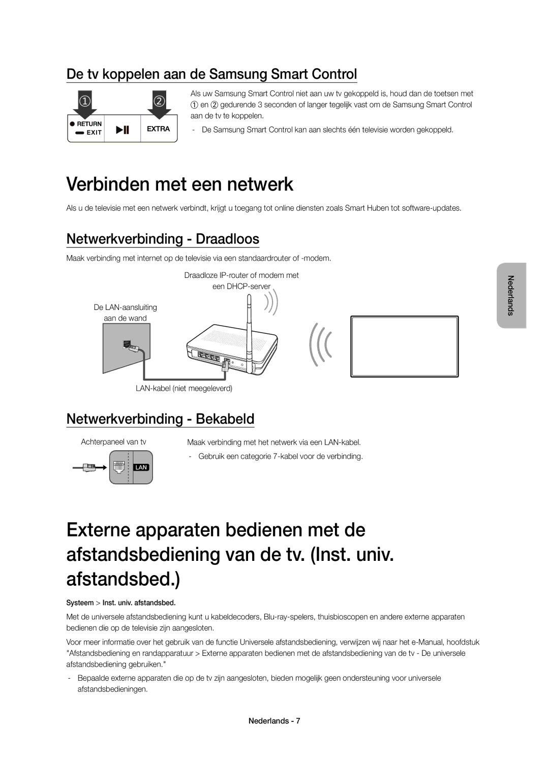 Samsung UE55JS8000TXZF Verbinden met een netwerk, De tv koppelen aan de Samsung Smart Control, Netwerkverbinding Draadloos 