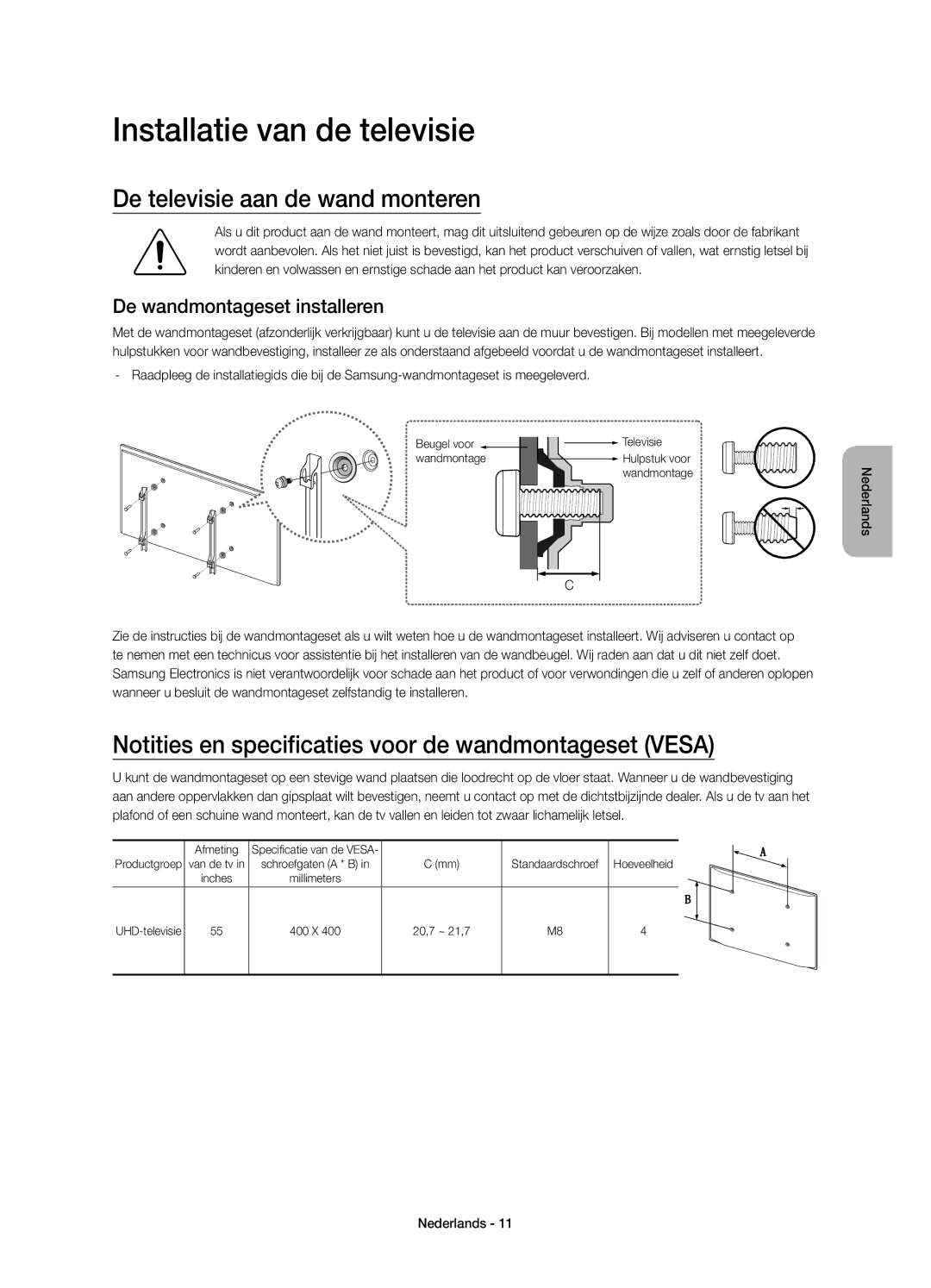 Samsung UE55JS8000TXZF Installatie van de televisie, De televisie aan de wand monteren, De wandmontageset installeren 