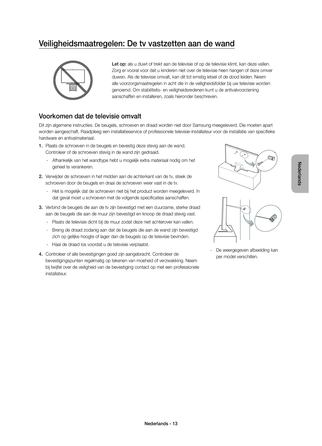 Samsung UE55JS8000TXZF manual Veiligheidsmaatregelen De tv vastzetten aan de wand, Voorkomen dat de televisie omvalt 