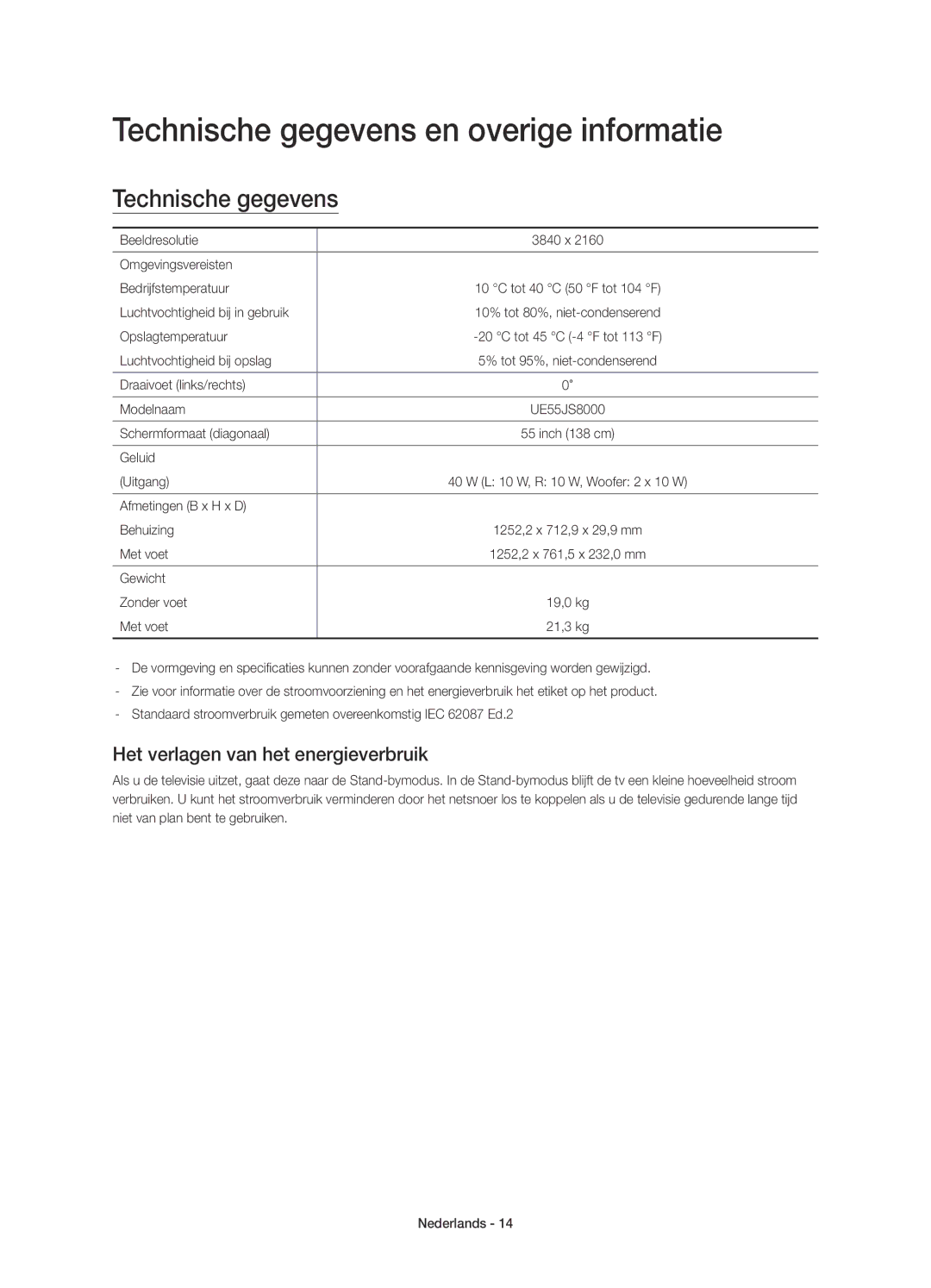 Samsung UE55JS8000TXZF manual Technische gegevens en overige informatie, Het verlagen van het energieverbruik 