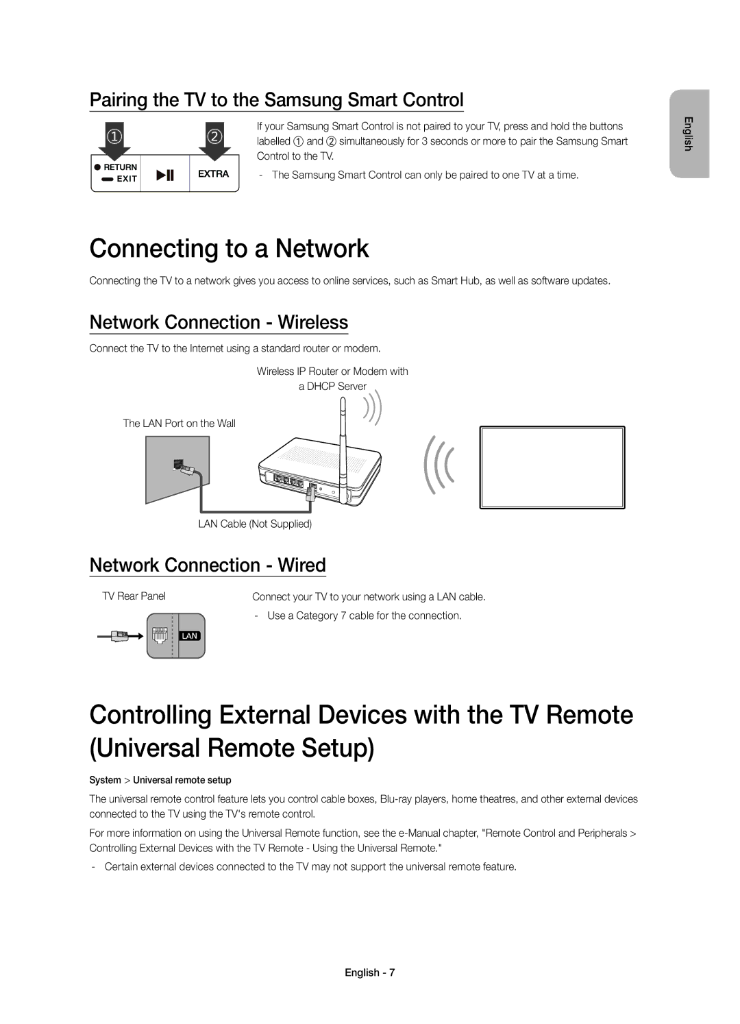 Samsung UE55JS8000TXZF Connecting to a Network, Pairing the TV to the Samsung Smart Control, Network Connection Wireless 