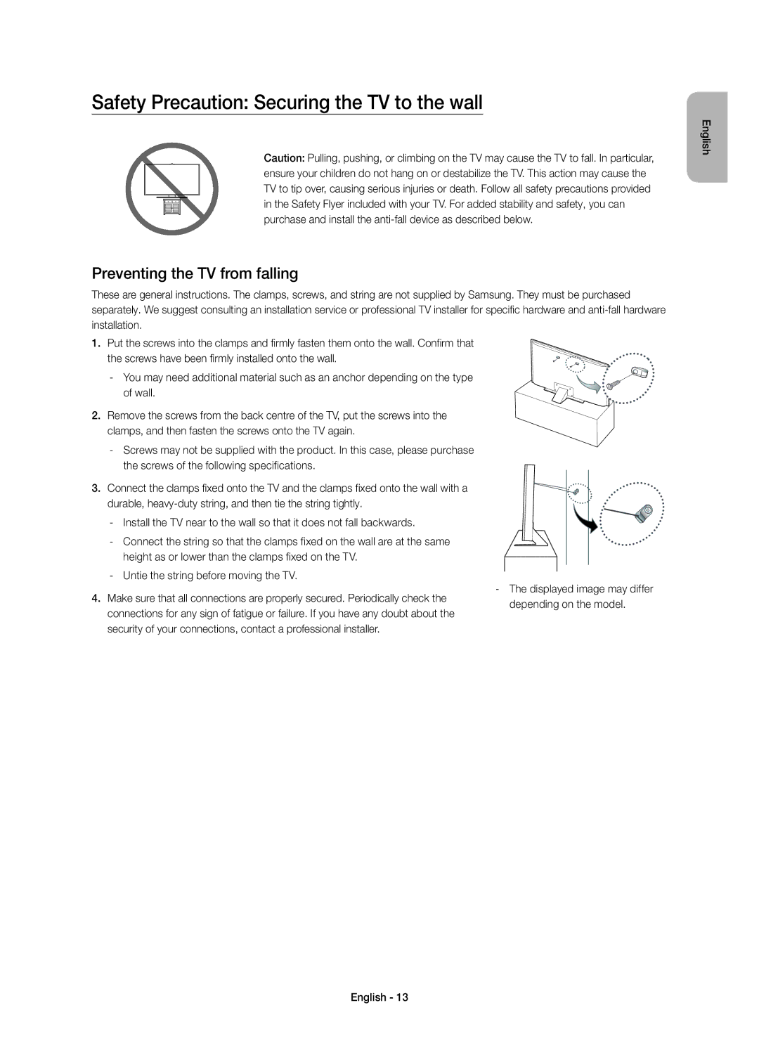 Samsung UE55JS8000TXZT manual Safety Precaution Securing the TV to the wall, Preventing the TV from falling 