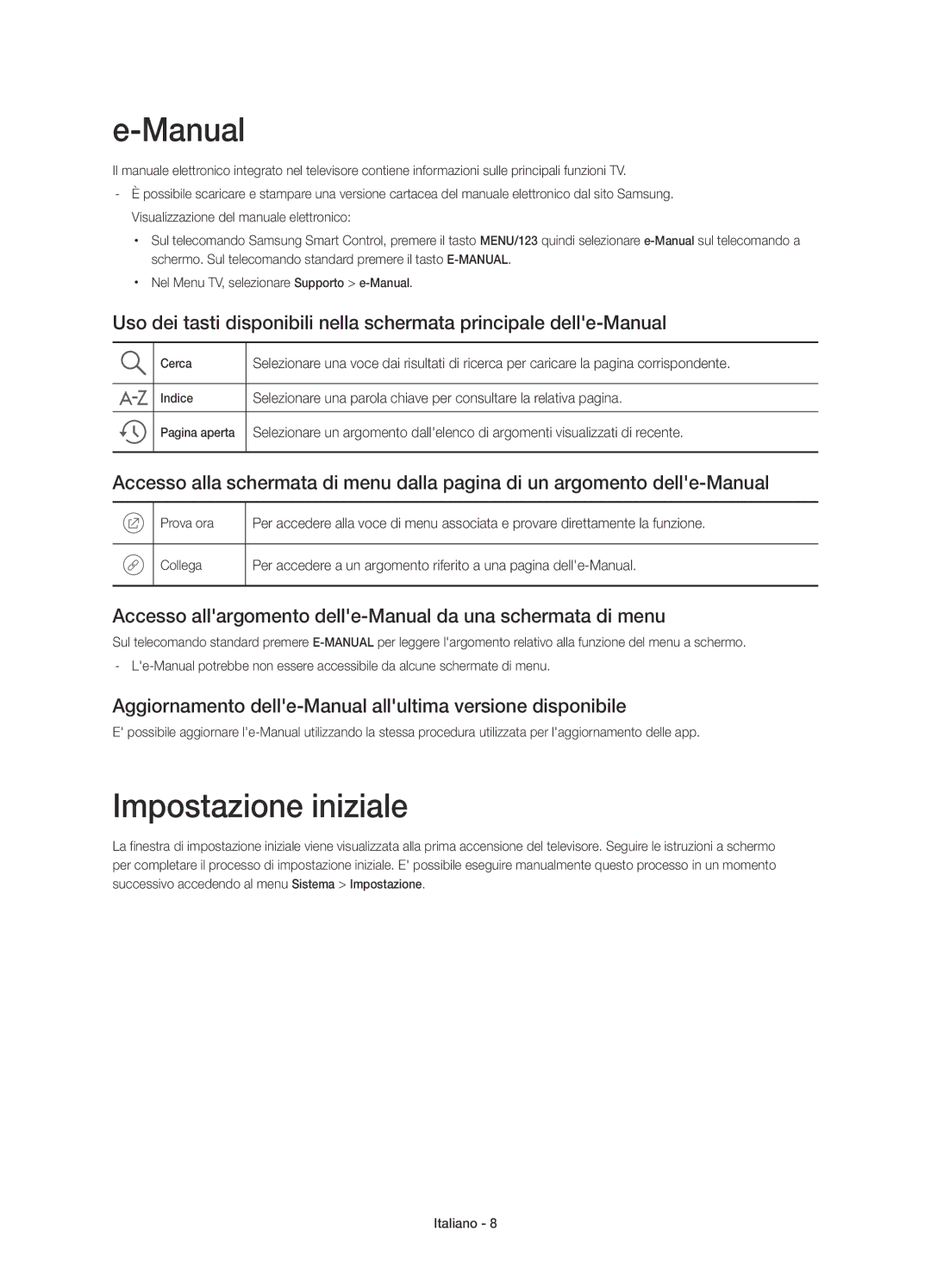 Samsung UE55JS8000TXZT manual Impostazione iniziale, Accesso allargomento delle-Manual da una schermata di menu 