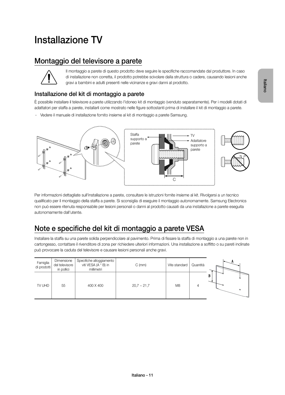 Samsung UE55JS8000TXZT Installazione TV, Montaggio del televisore a parete, Installazione del kit di montaggio a parete 